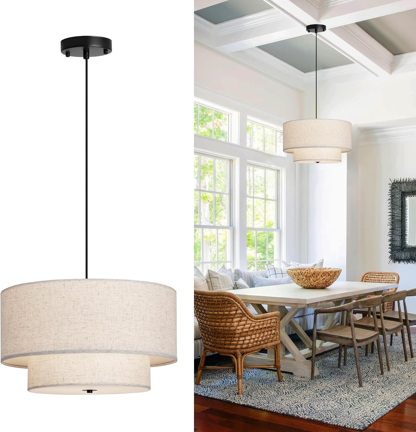 HILUXIA 18" Modern Double Drum Fabric Pendant Light, Large Hanging Ceiling Chandelier Fixture with Dual Layer Fabric Shade, Ideal for Dining Room, Living Room, Bedroom, and Kitchen