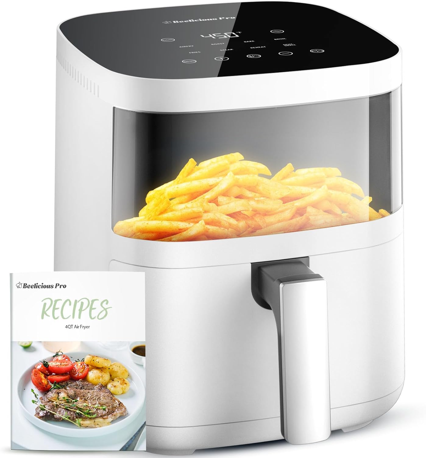 Air Fryer, Beelicious 8-in-1 Smart Compact 4QT Air Fryers with Viewing Window, Shake Reminder, 450°F Digital Airfryer with Flavor-Lock Tech, Dishwasher-Safe & Nonstick, Fit for 1-3 People, White