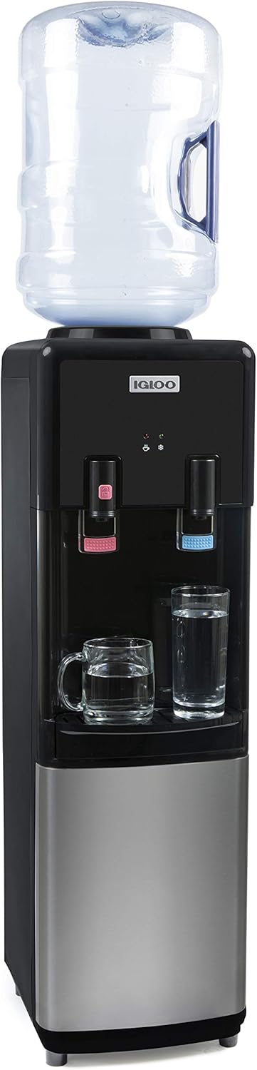 Igloo Top Loading Water Cooler \u2013 Hot & Cold Dispenser \u2013 Black & Stainless Steel, Holds 3 & 5 Gallon Jugs, Child Safety Lock \u2013 for Homes, Kitchens, Offices, Dorms