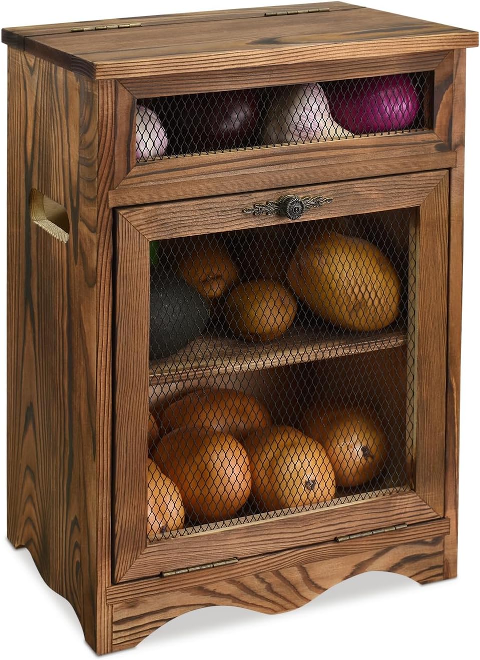 Ikee Design Free Assemble Wooden Countertop Potato and Onion Storage Bin Box,Countertop Cabinet, Wooden Bread Boxes, Potato Storage, Coffee Station, 11.8W x 6.8D x 16H in, Rustic Color