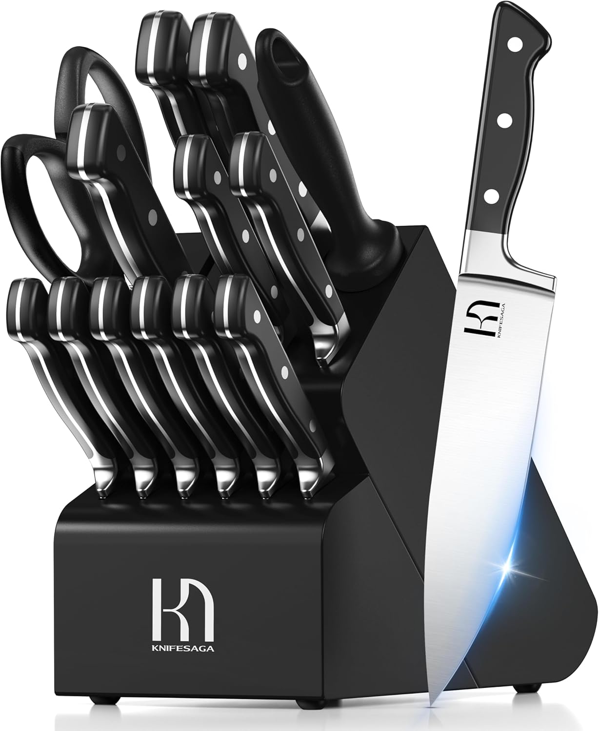 KnifeSaga Knife Set, 15 Pcs Kitchen Knife Block Set, Enduring Razor-Sharp Japanese High Carbon Stainless Steel Chef Knife Set with Block and Sharpener, Premium Black Knives Set for Kitchen