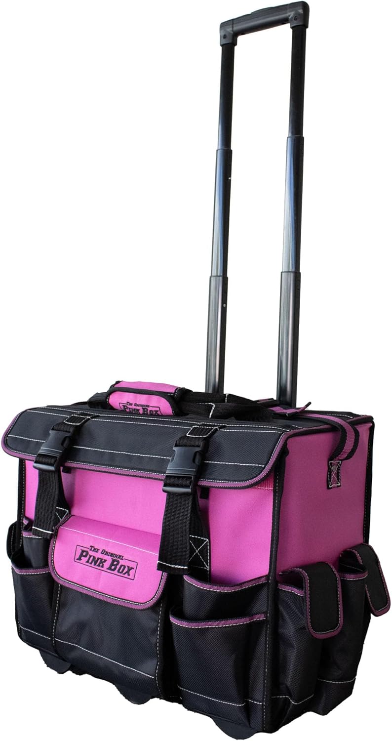 18-Inch Heavy Duty Rolling Tool Bag | Water Resistant, Portable Tool Storage Organizer with Wheels, Telescoping Handle, Pink