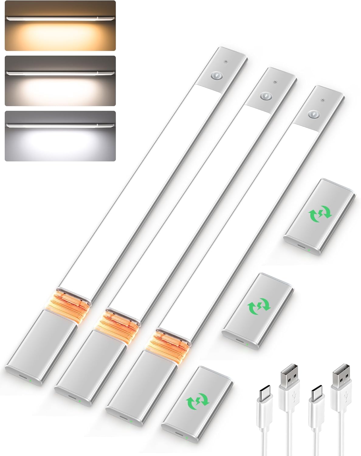 EZVALO Under Cabinet Lighting, Motion Sensor Closet Lights with 3 Extra Batteries, 76 LEDs Dimmable Eye-Caring Rechargeable LED Lights, 3 Color Temps, Under Counter Lights for Kitchen, Wardrobe