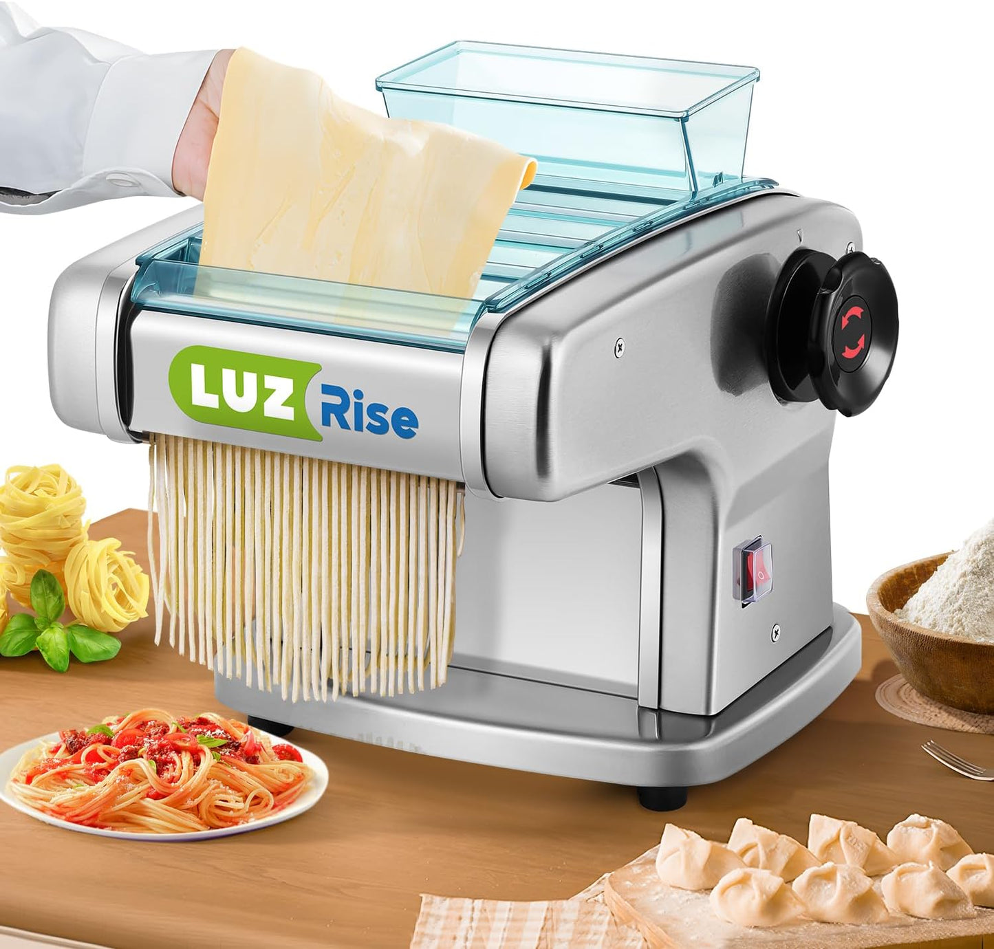 Luzrise Electric Pasta Maker Automatic Noodle Machine Fresh Pasta Dough Roller Stainless Steel(4 Blades for 2mm,2.5mm,4mm&9mm Flat Noodle,9 Thickness Settings 0.5-5mm,Family Use, Output 10LBS\/H,135W)
