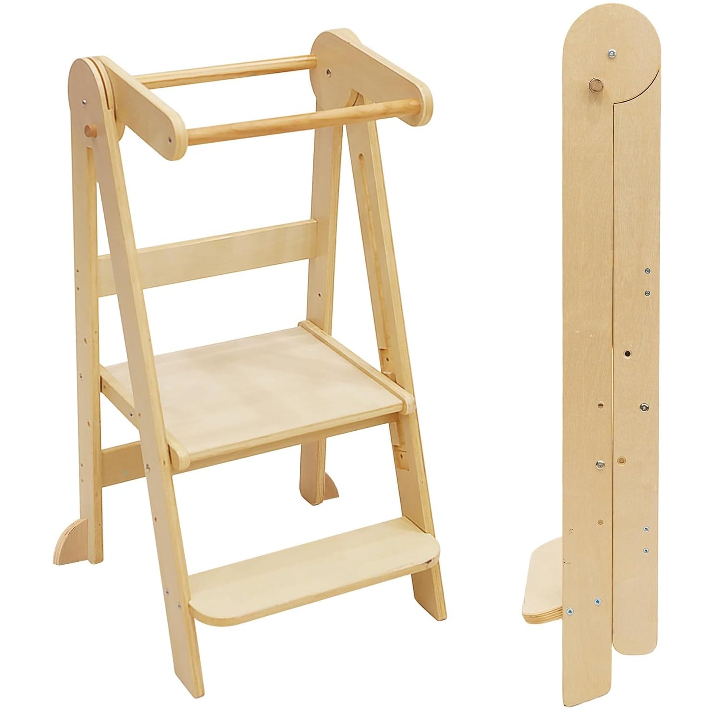 Foldable Toddler Tower, Kitchen Step Stool, Folding Tower for Learning with 3 Adjustable Heights Montessori Toddler Standing Tower Collapsible Step Stool for Kids 1.5-6 Years Natural