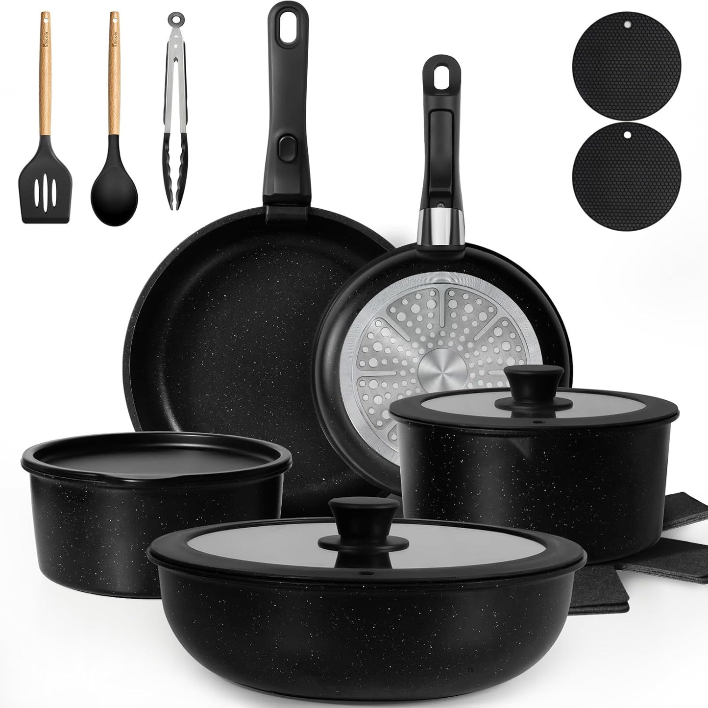 KIKCOIN 20 Pcs Pots and Pans Set Non Stick, Detachable Handle Cookware Sets Nonstick, Non Toxic Induction RV Kitchen Cooking Set with Removable Handles, Dishwasher\/Oven Safe, Easy Clean (Black)