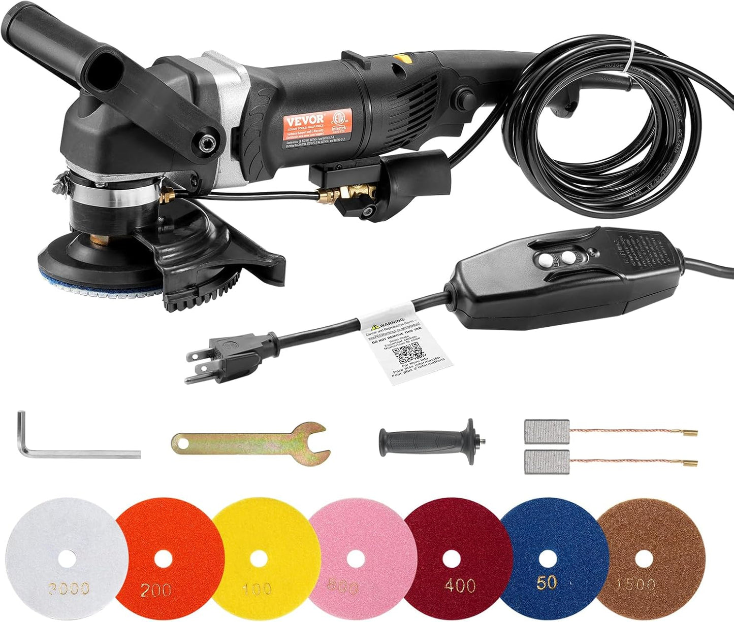 VEVOR Wet Polisher 800W, 4" Concrete Grinder with 6 Variable Speed and 7 Polishing Kits, Wet Grinder Machine for Marble, Granite, Stone, Rock, Tile, Equipped with a GFCI Switch, (700-3000 RPM)