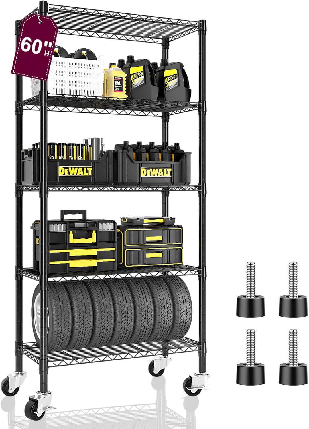 5 Tier Metal Wire Shelving with Wheels Casters, 750 lbs Heavy Duty Shelving Unit Wire Rack, Rolling Adjustable Storage Shelves for Kitchen, Garage, Pantry 14" D x 30" W x 60" H