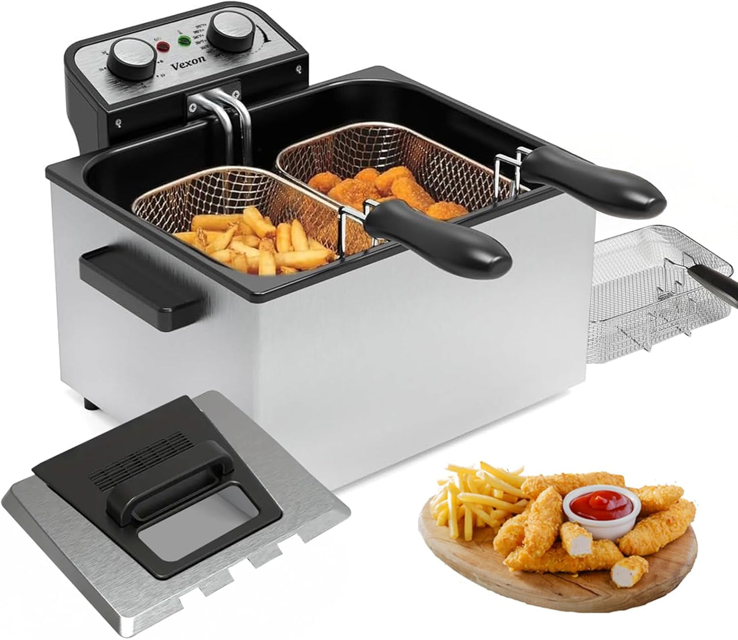 1800W 5 Liters\/21 Cups Large Electric Deep Fryer with 3 Frying Baskets, Adjustable Temperature,View Window Lid,Countertop Stainless Steel Body Deep Fryer Pot,Perfect for Kitchen, Fry Fish for Home Use
