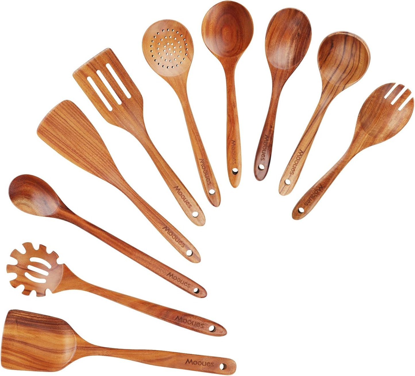 Mooues Wooden Spoons for Cooking, Wooden Utensils for Cooking Natural Teak Wooden Kitchen Utensils Set Comfort Grip (10 PCS SET)