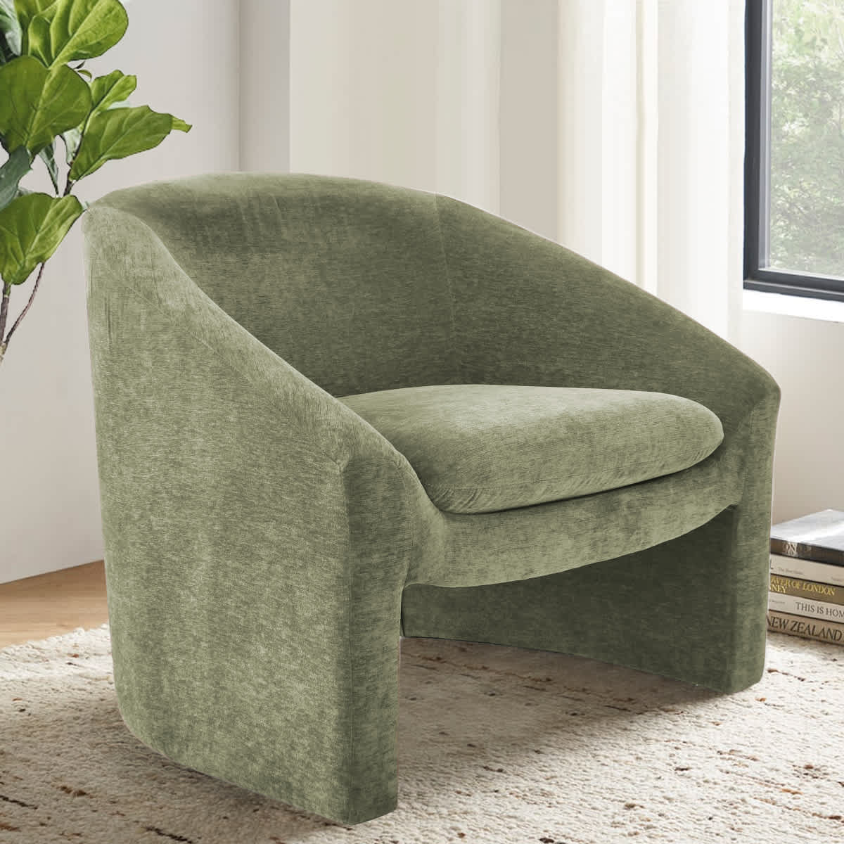 Maison Boucle Modern Moss Green Chenille Barrel Accent Chair with Wide Seat Curved Back Armrest for Living Room