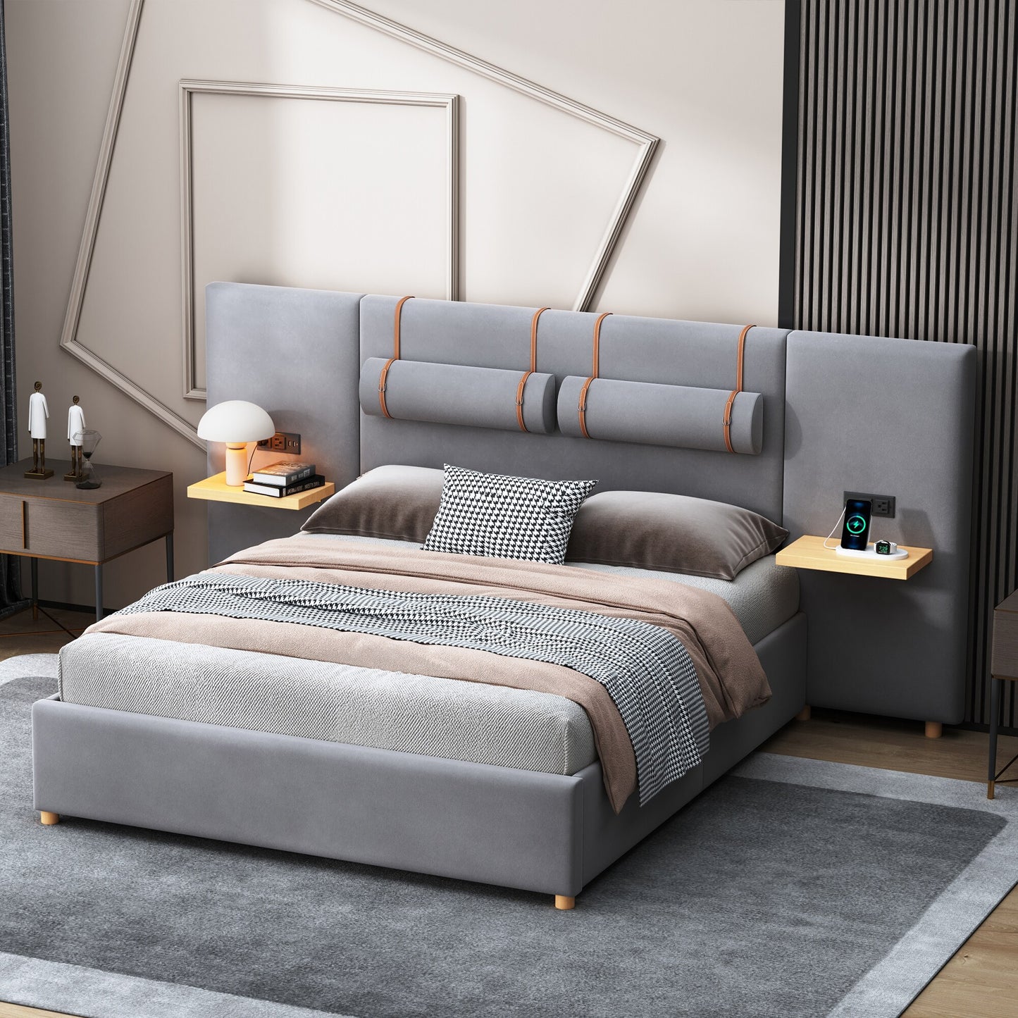 ModernLuxe Queen Upholstered Platform Bed Two Outlets and USB Charging Ports on Both Sides Two Bedside Pillows Storage Shelves VelvetGray