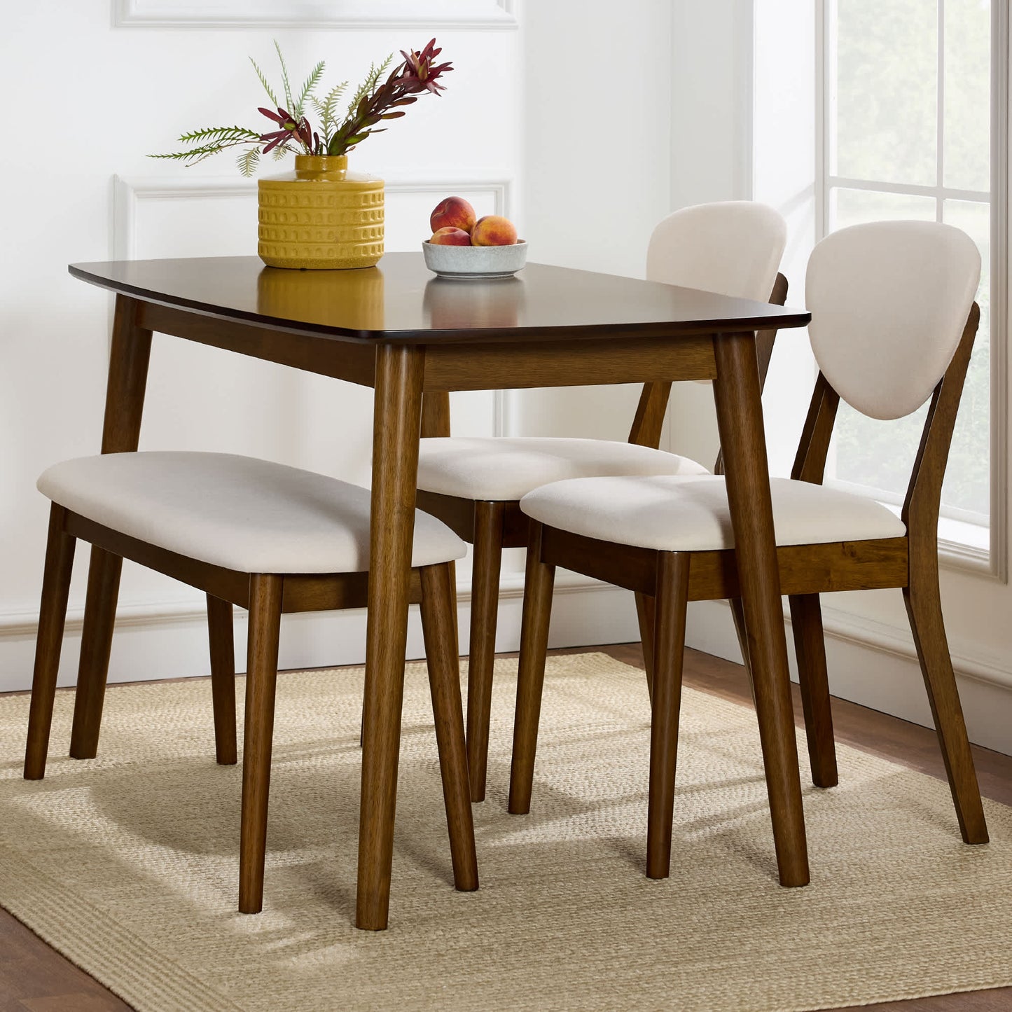 Best Choice Products 4-Piece Mid-Century Modern Upholstered Wooden Dining Set w/ 2 Chairs Bench - Walnut/Cream