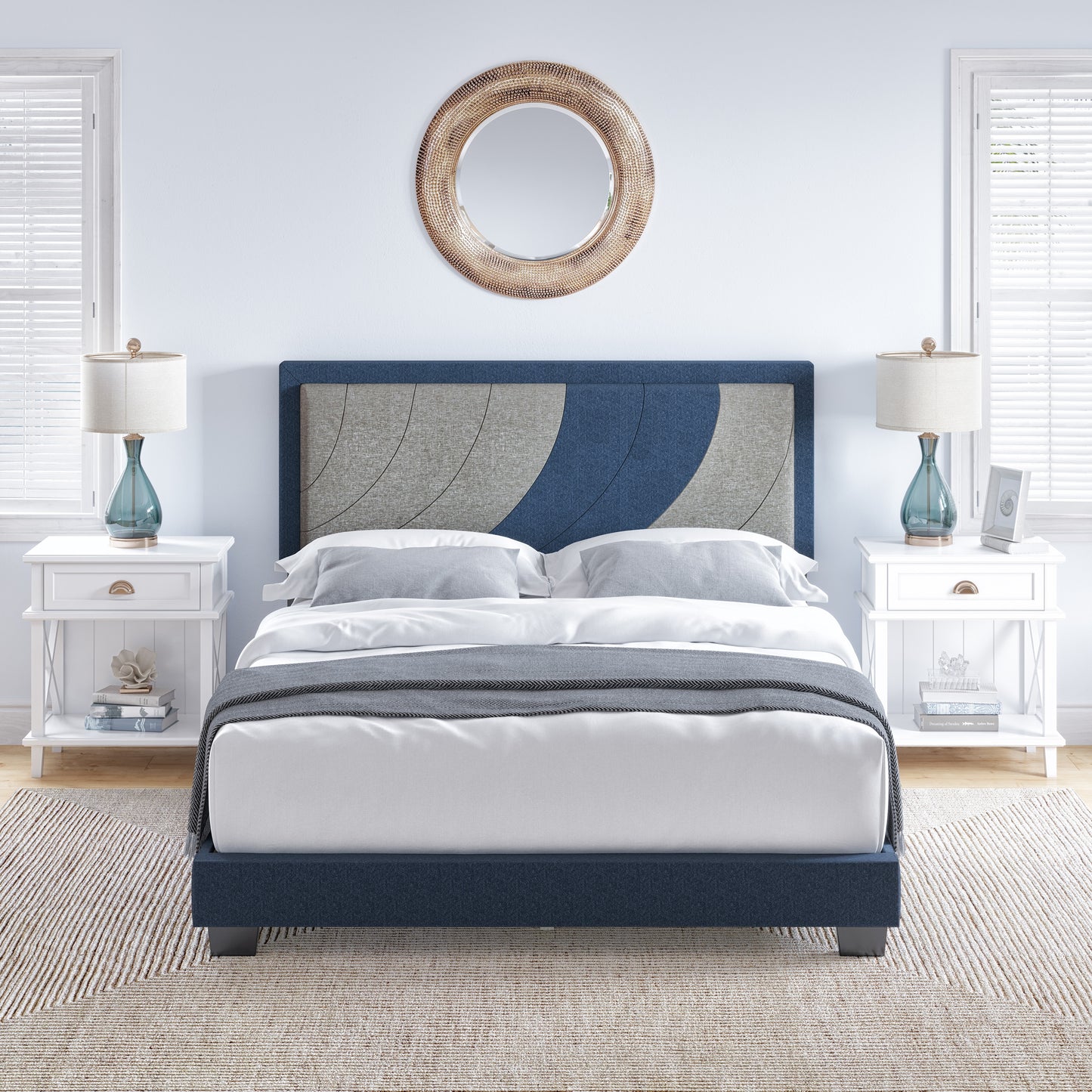 Boyd Sleep Sail Away Linen Upholstered Platform Bed Frame with Headboard- Sturdy 14 Slat Wood Support System- No Box Spring Required