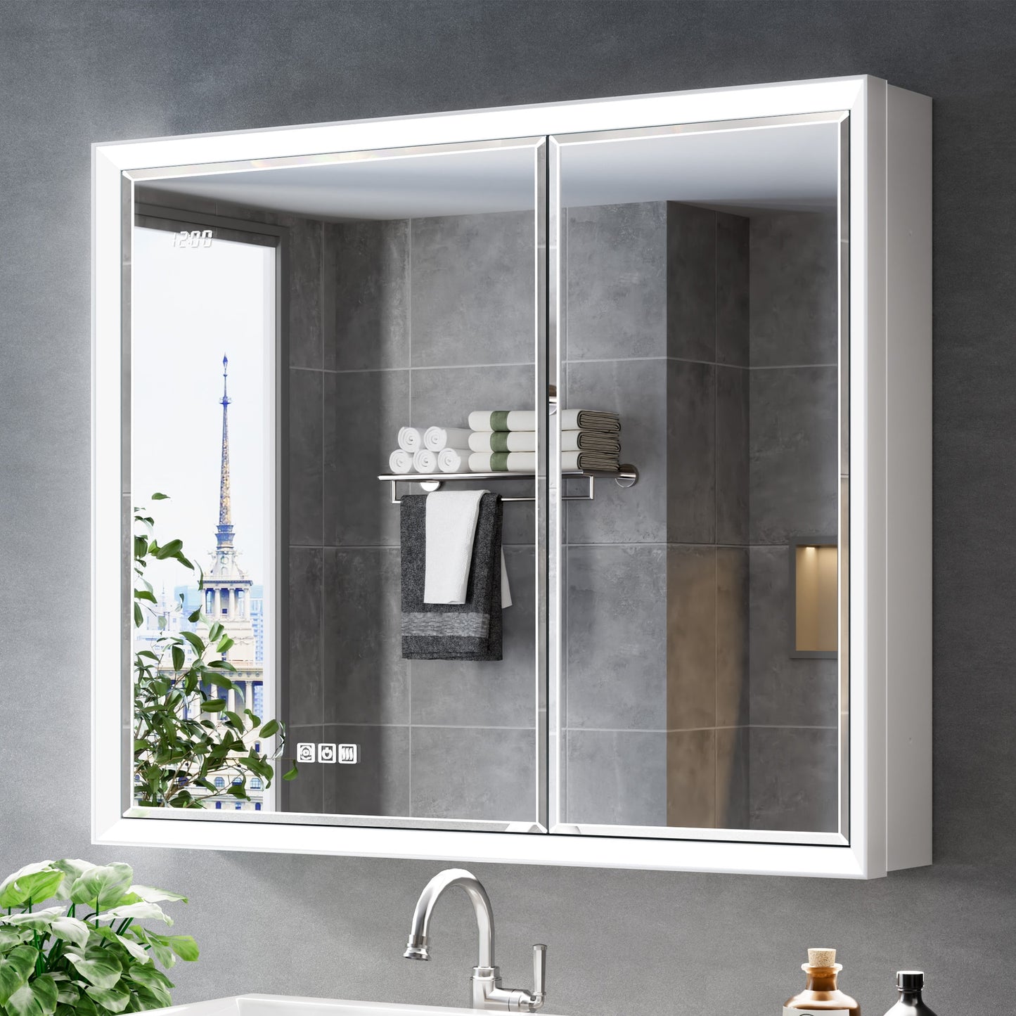 QueenFun Anglora 36-in x 30-in Lighted LED Fog Free Surface/Recessed Mount Silver Mirrored Rectangle Soft Close Medicine Cabinet