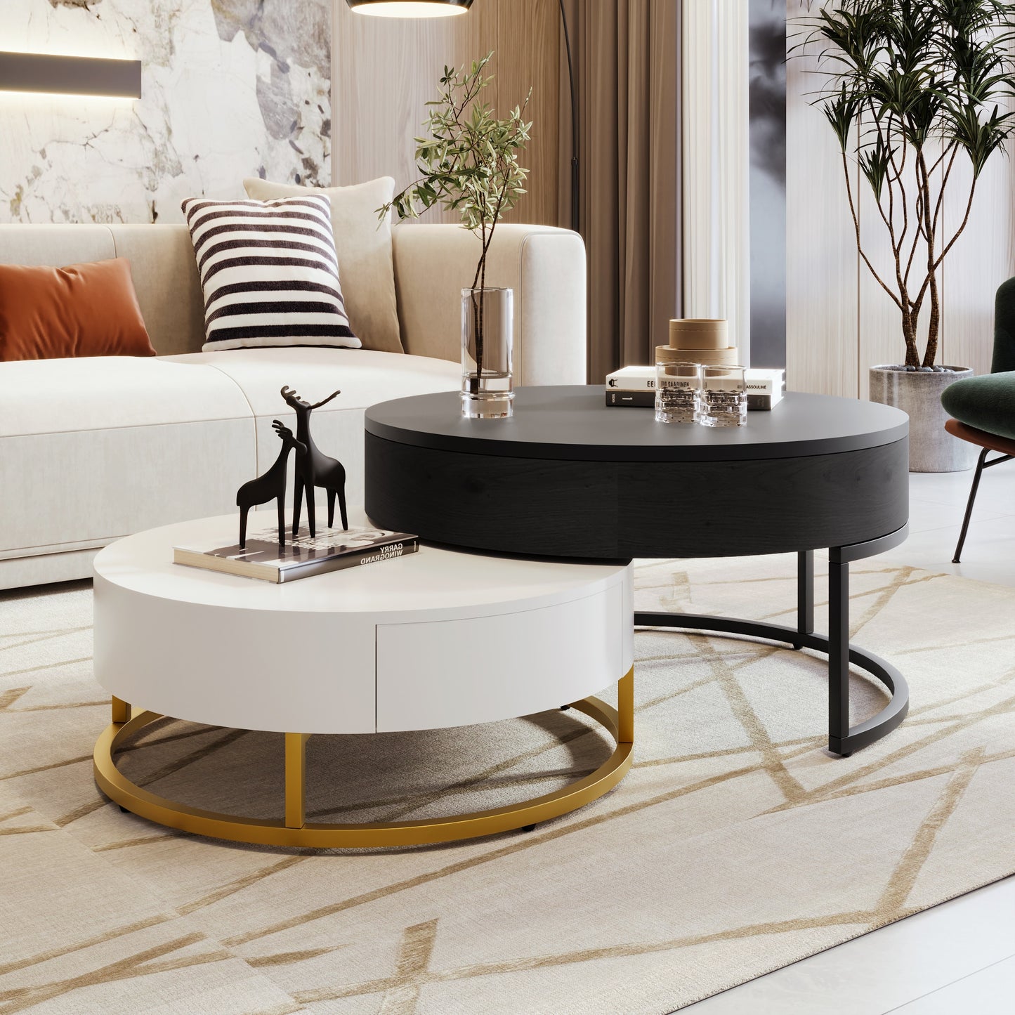 ModernLuxe Modern Round Lifttop Nesting Coffee Tables with 2 Drawers White Black