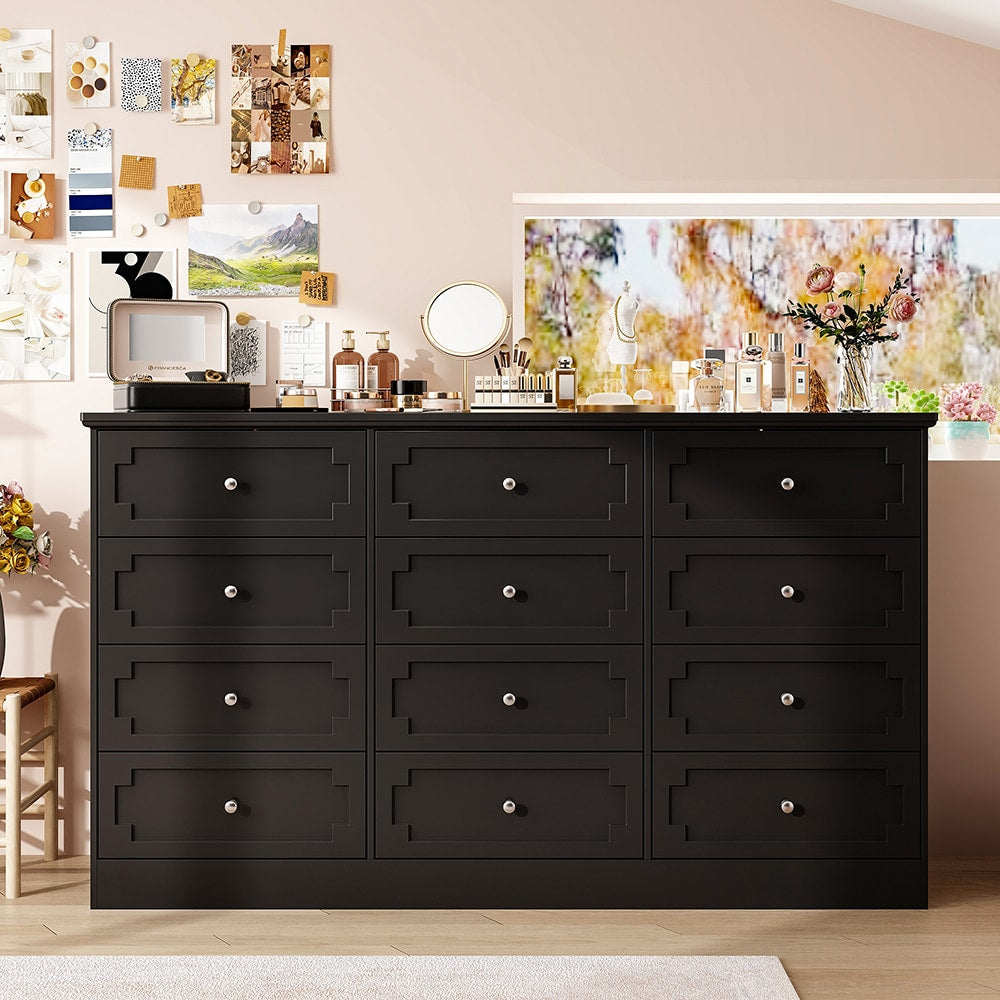 Homsee Modern Dresser with 12 Spacious Drawers Black Painted Finish and Silver Handles for Bedroom Living Room or Hallway Storage Cabinet 61''L x 15''W x 35.4''H