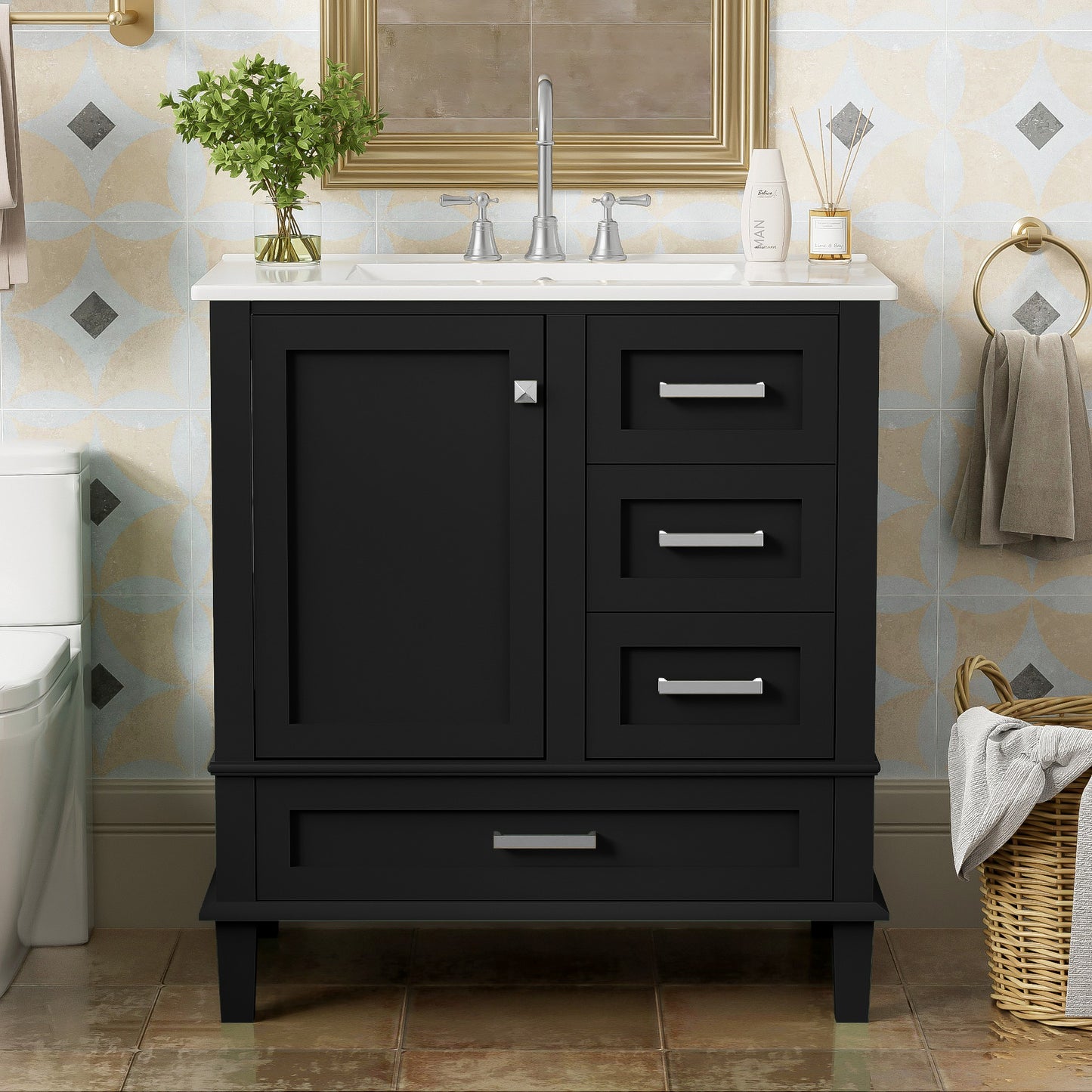 Dexmalle 30-in Black Freestanding Single Sink Bathroom Vanity with White Top and Drawers