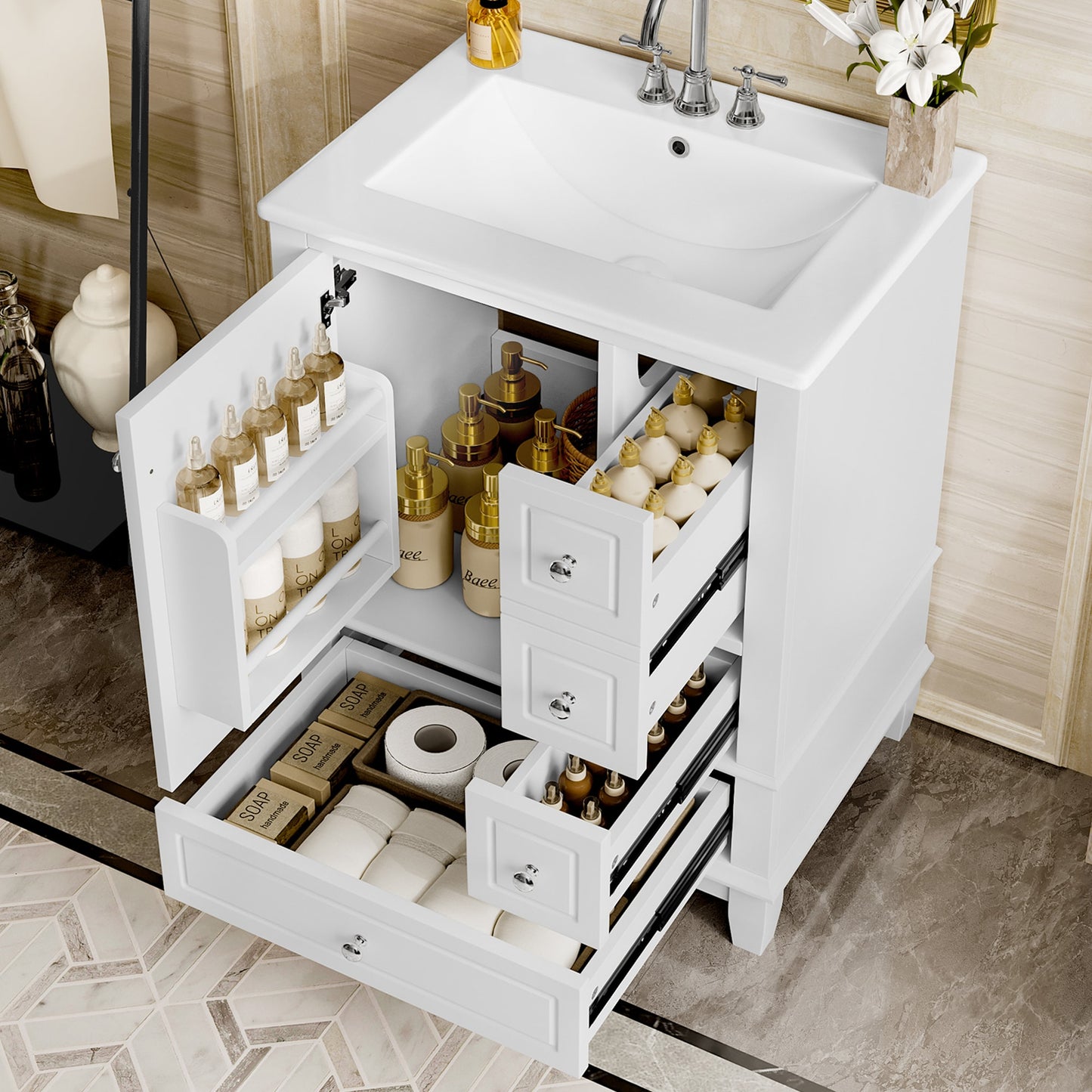 WELLFOR VZ Modern Unassembled 24-in White Undermount Single Sink Bathroom Vanity with White Ceramic Top