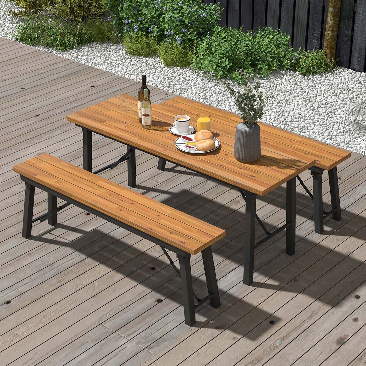Costway Folding Picnic Table and Bench Set Dining Table with Metal Frame for 4 or 6 Persons