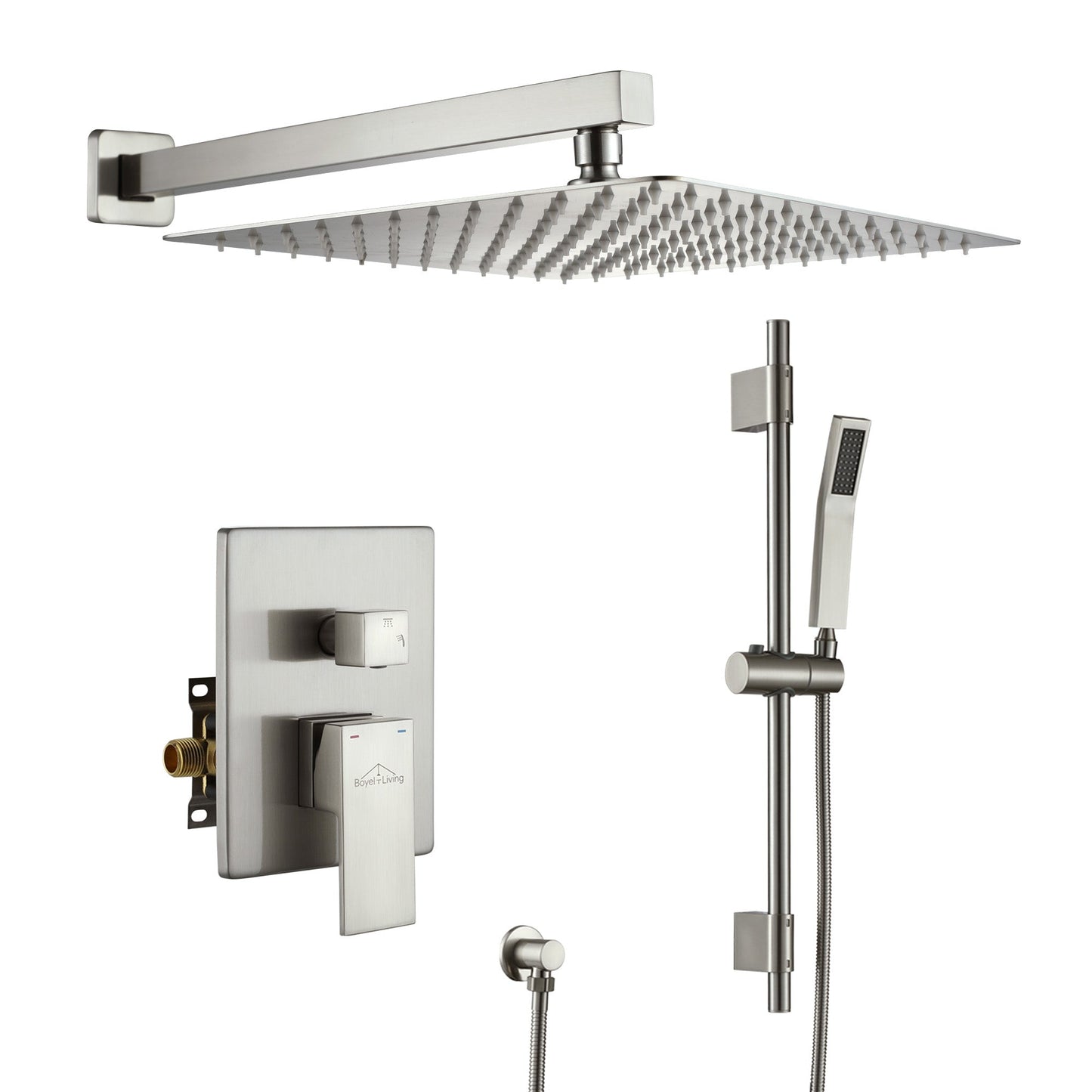 Boyel Living 1-Spray Patterns with 2.5 GPM 12 in. Wall Mount Dual Shower Heads with Pressure Balance Valve in Brushed Nickel