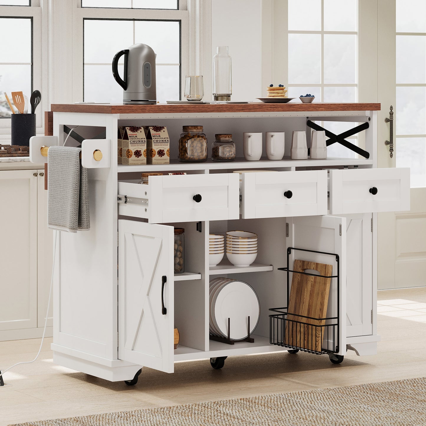 LOVMOR 46.5'' Farmhouse Kitchen Island with Drape of Beads Power Outlet Rolling Kitchen Cart on Wheels with Drop Leaf 3 Doors 3 Drawers and Internal Iron Shelf for Kitchen Dining Room White