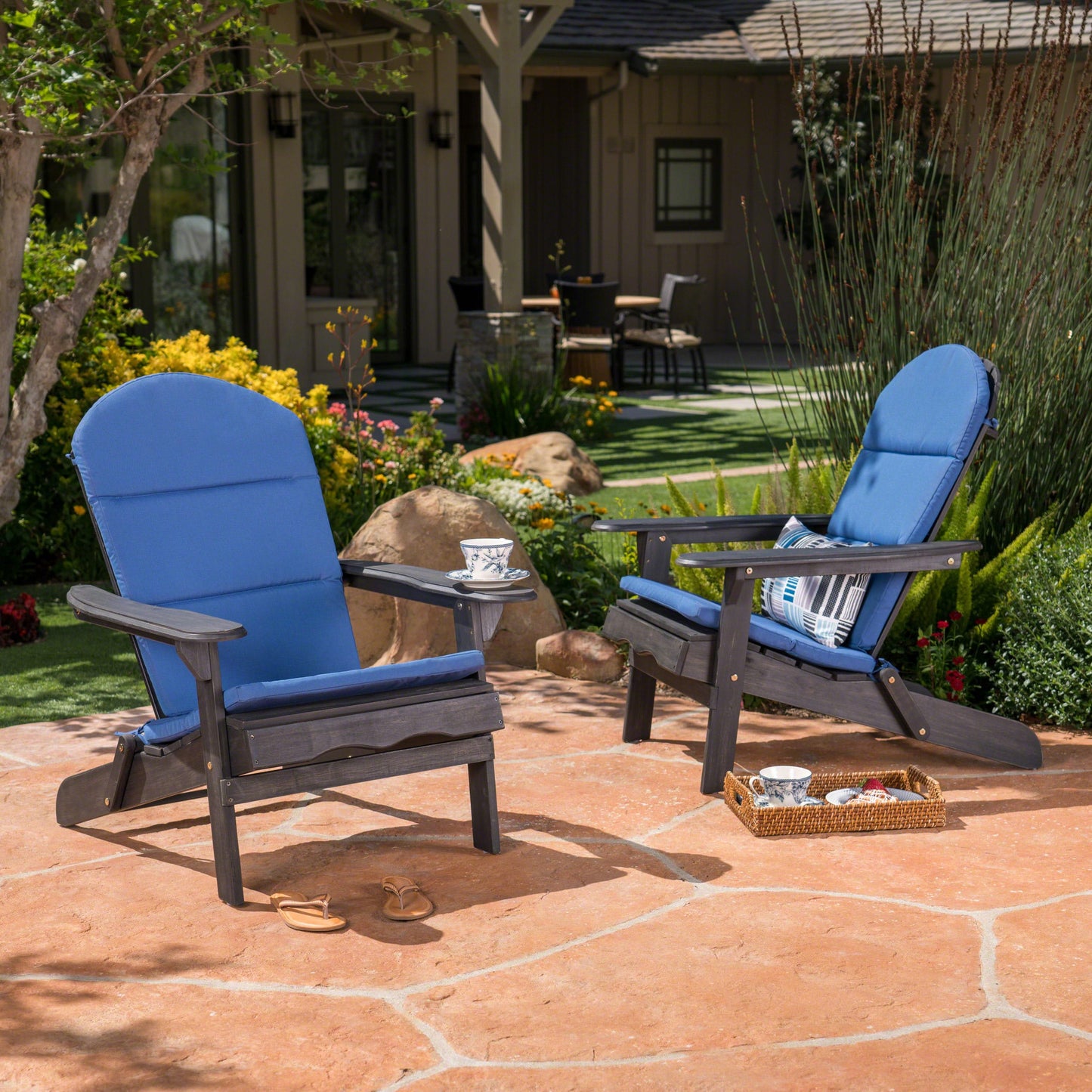 Christopher Knight Home Malibu Outdoor Wood Folding Adirondack Chairs Set of 2-Dark Grey + Navy Blue
