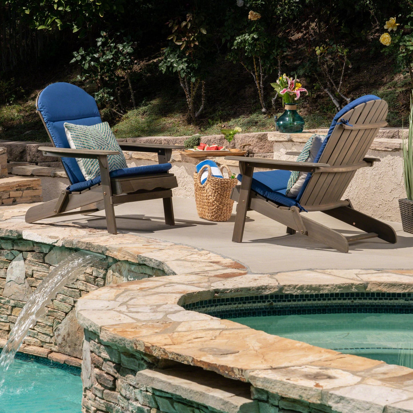 Christopher Knight Home Malibu Outdoor Acacia Wood Folding Adirondack Chairs Set of 2-Grey + Navy Blue