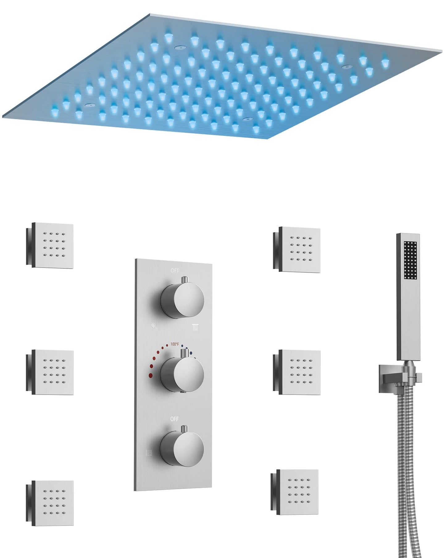 EVERSTEIN 3-Spray Patterns LED Shower System 12 in. Ceiling Mount Dual Shower Heads with 6-Jets in Brushed Nickel (Valve Included)