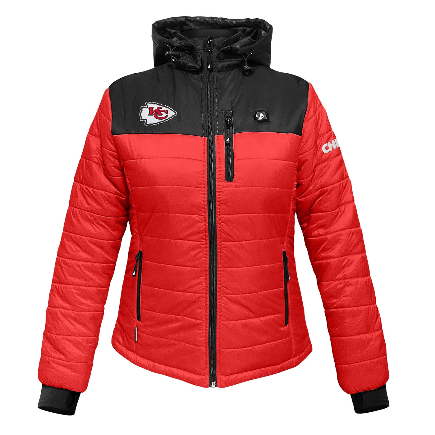 ActionHeat Kansas City Chiefs 5V Puffer Battery Heated Jacket Women's Black/Red Hooded Insulated Heated jacket ( 2XL )