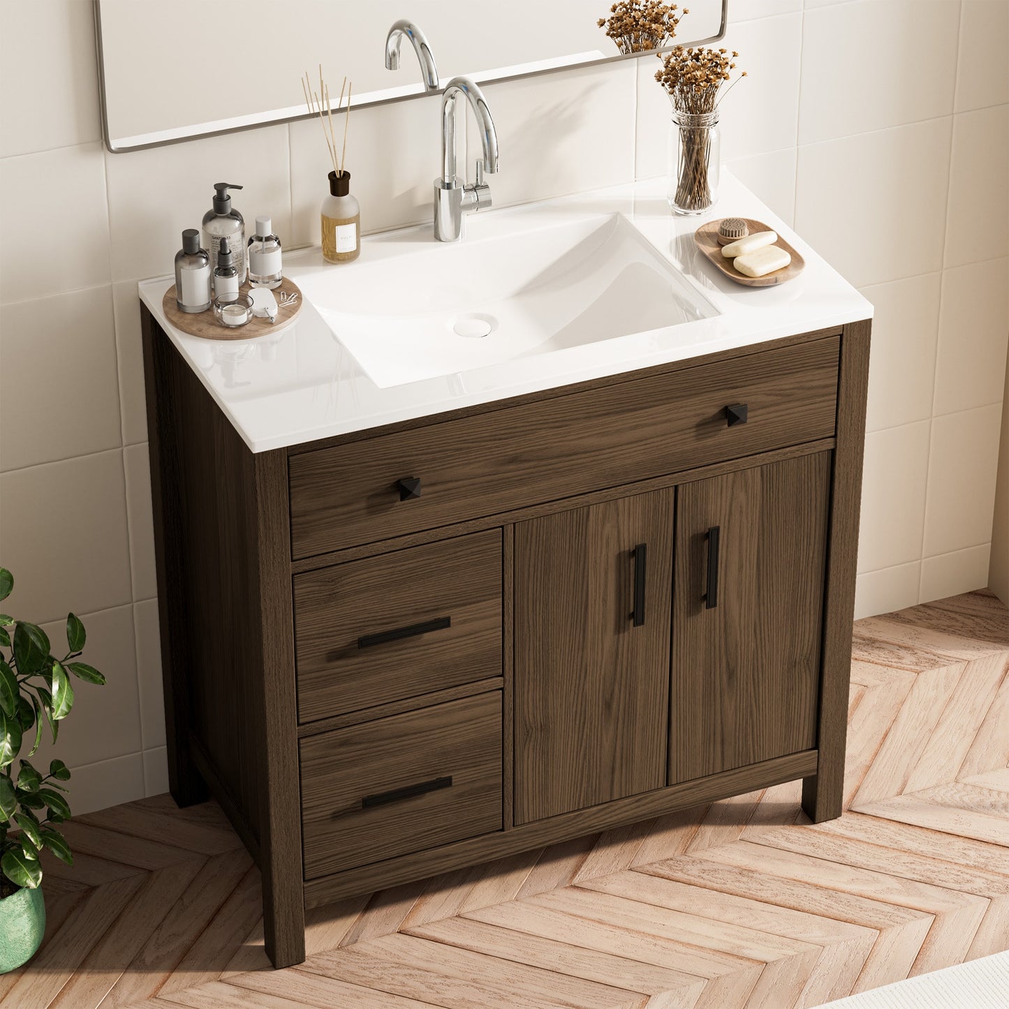 JEAREY 36-in Brown Single Sink Bathroom Vanity with White Polymarble Top