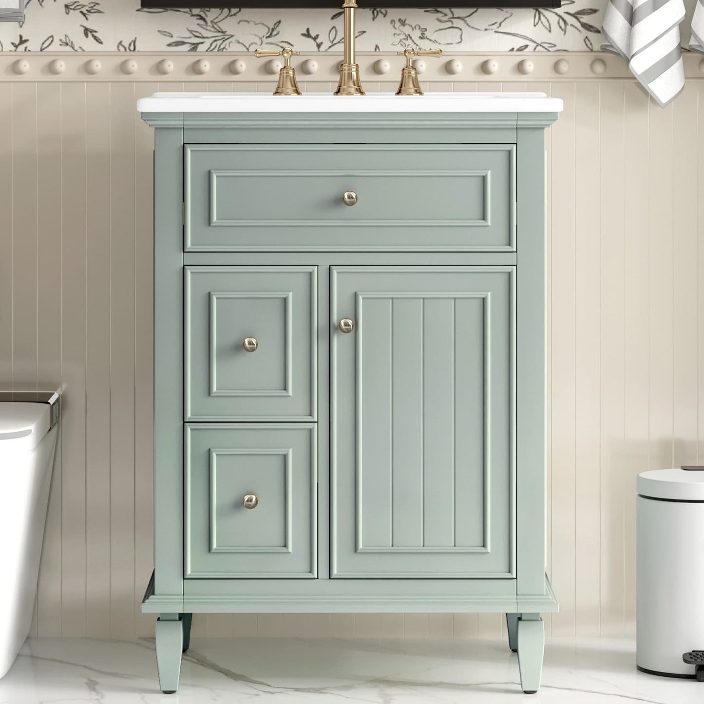 Dexmalle 24-in Light Green Freestanding Single Sink Bathroom Vanity with White Top and Drawers