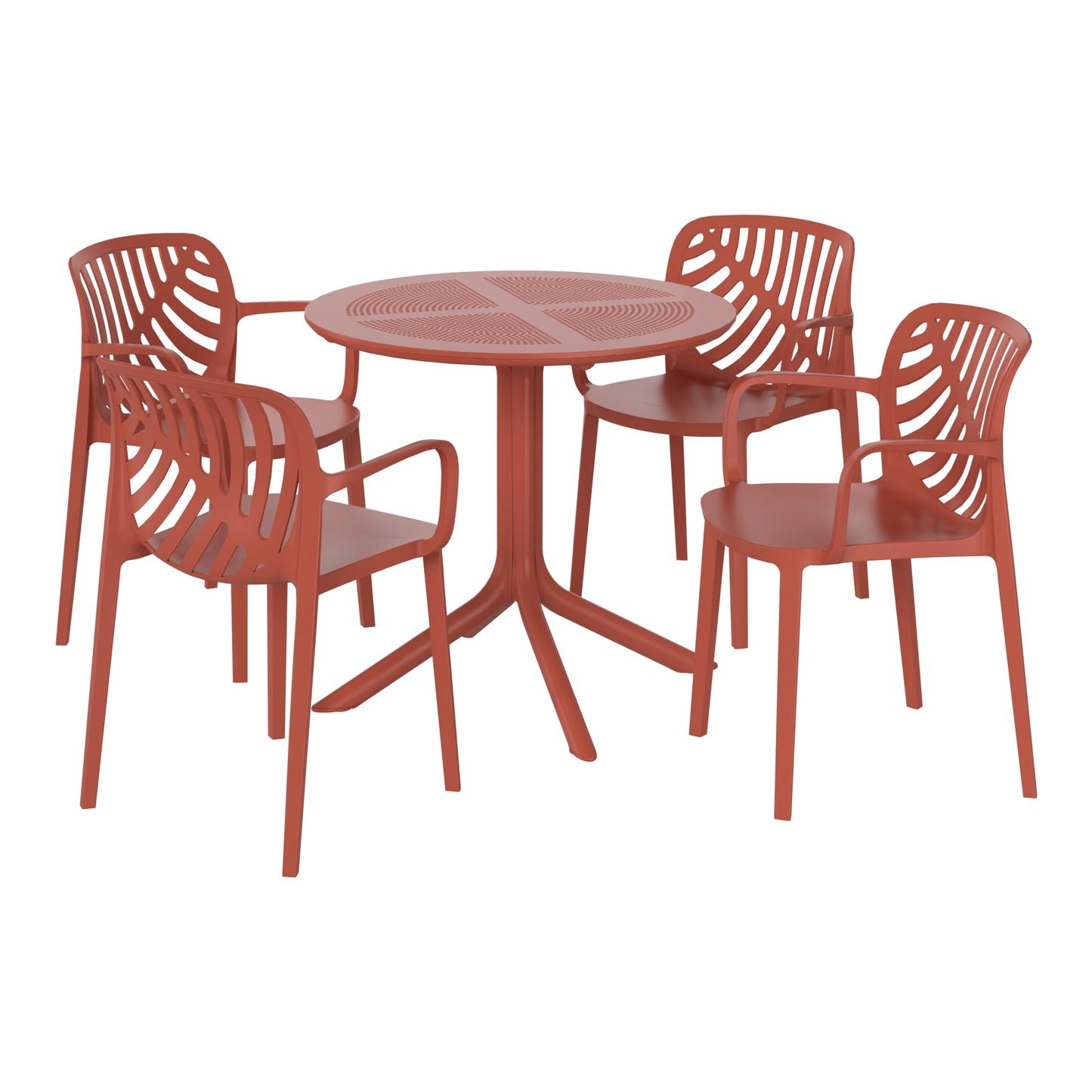 Westin Furniture FrondForm 5 -Piece Red Patio Dining Set Plastic Round Table with 4 Stackable Stationary Chairs