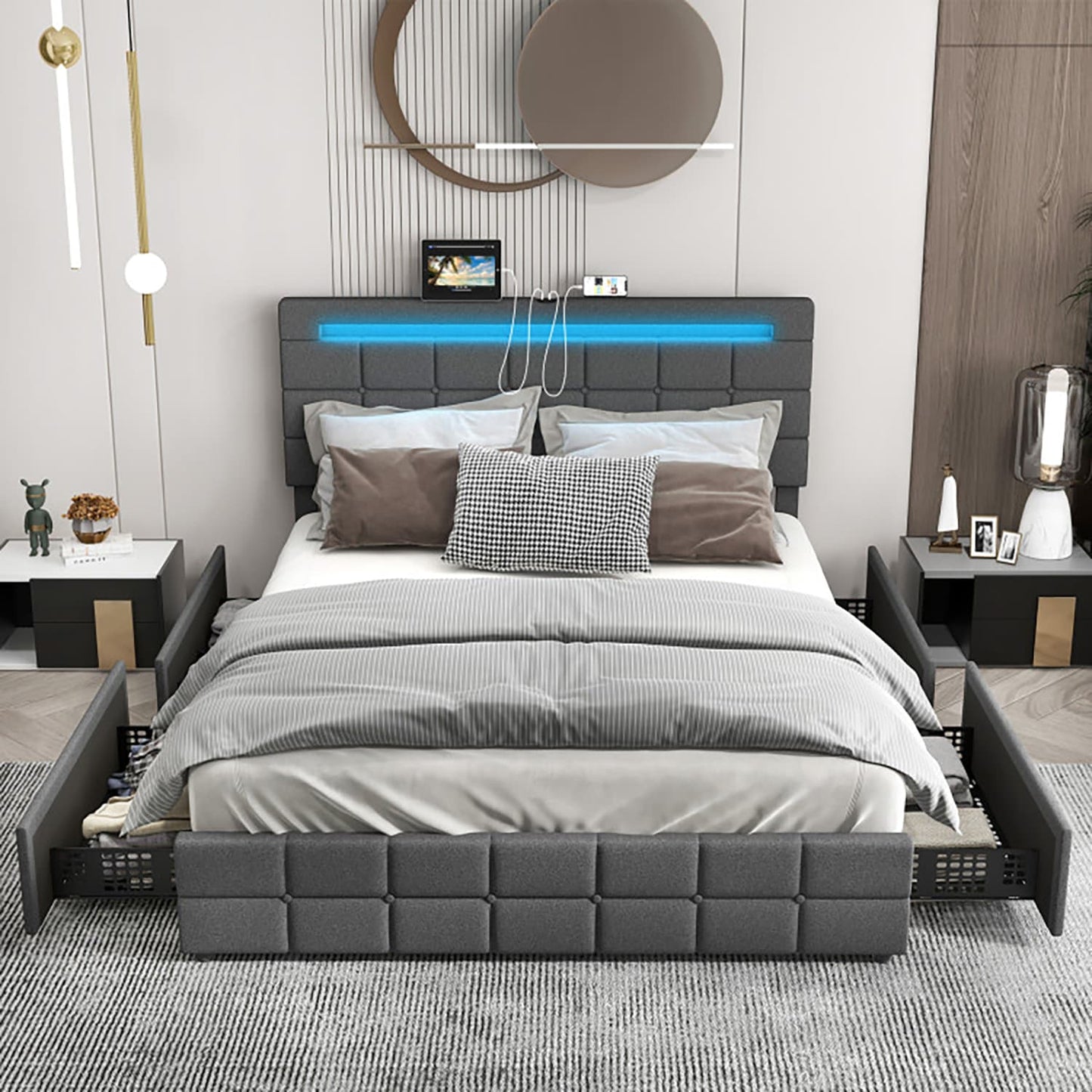 GZMR Queen Gray Bed Frame Storage with Headboard