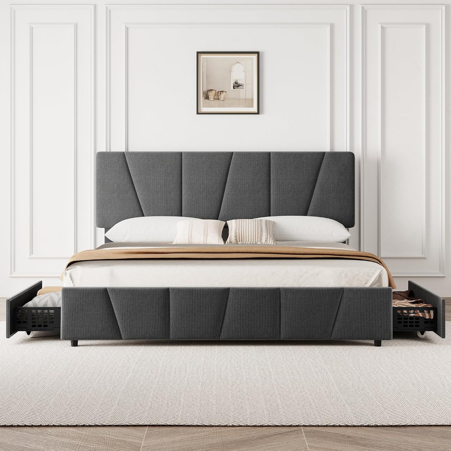 Qeetex King Size Bed Frame with Adjustable Headboard and 4 Storage Drawers Soft Upholstered Platform Bed Frames with Wooden Slats Support No Box Spring Needed Dark Grey