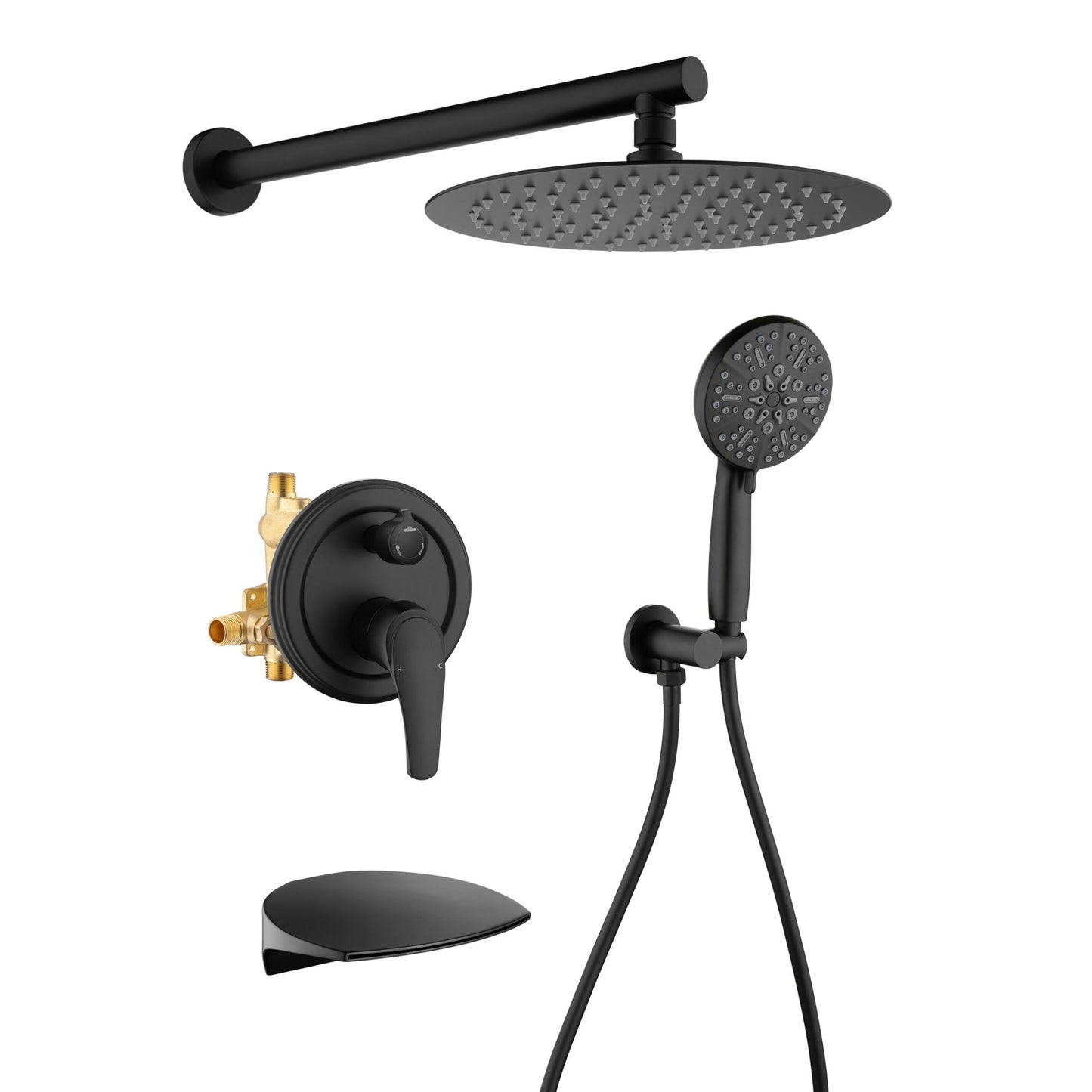 WELLFOR SM 10-in Wall Shower System Matte Black 10-in Waterfall Built-In Shower Faucet System with 3-way Diverter ( Pressure-balanced Valve Included )