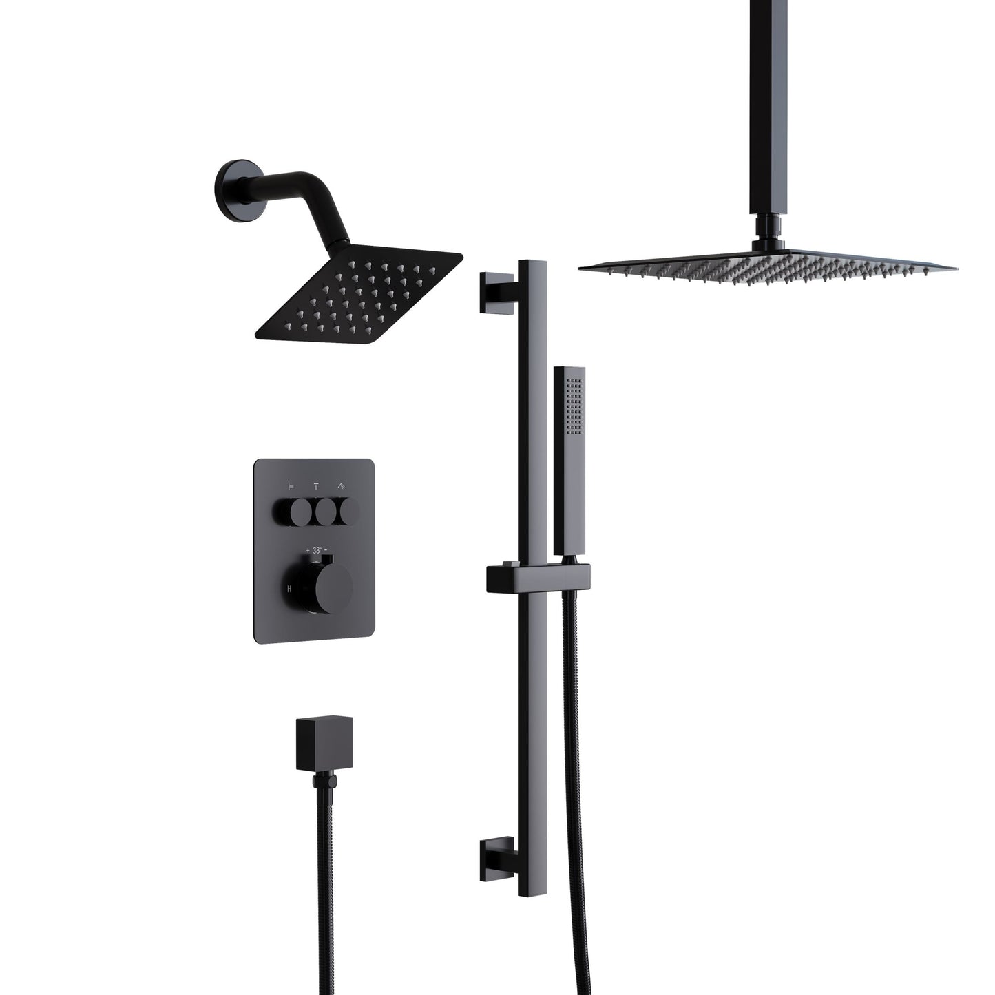 WELLFOR Wall and Ceiling Dual Mount Shower System Matte Black 10-in Waterfall Dual Head Shower Faucet Bar System with 3-way Diverter ( Thermostatic Valve Included )