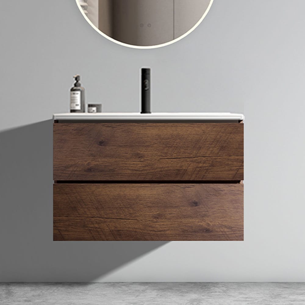 Tatayosi Wall Mount 30inch Walnut Bathroom Vanity with Ceramic Sink Single hole Large Storage Floating Vanity One Piece Sink Basin without Drain for Modern Bathroom Pre assembled