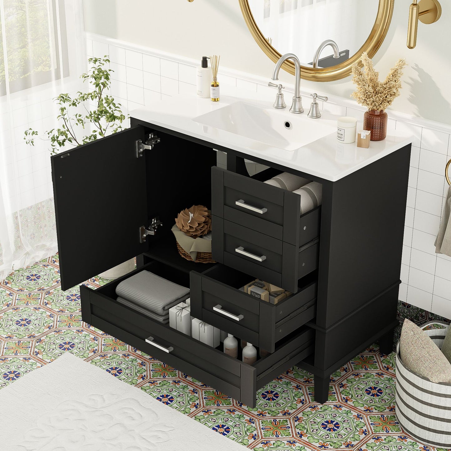 ModernLuxe 36inch Black Bathroom Vanity with Solid Pine Frame 1 Soft Close Door and 3 Drawers Modern Storage Cabinet