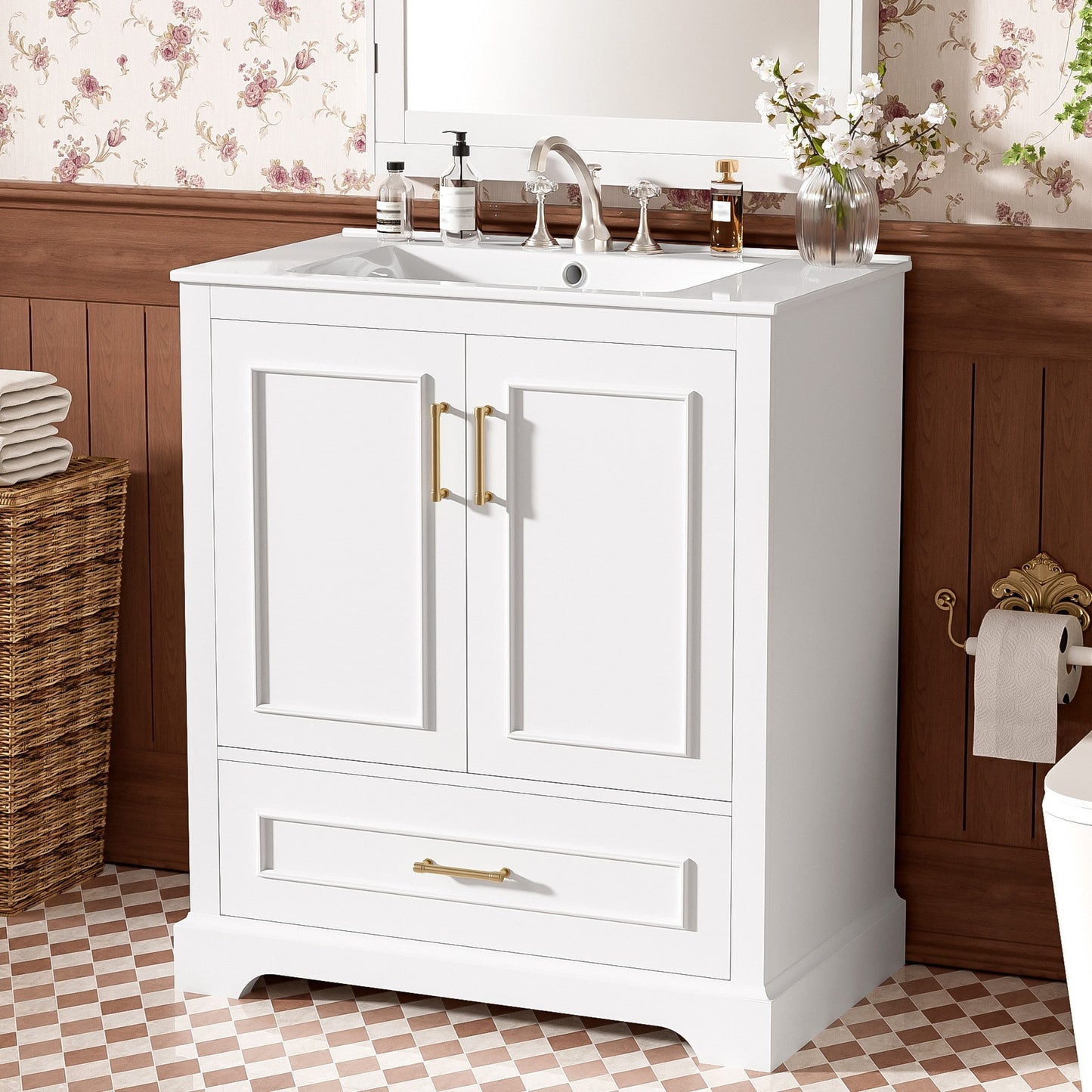 Dexmalle 30-in White Modern Freestanding Single Sink Bathroom Vanity with White Ceramic Top and Drawer