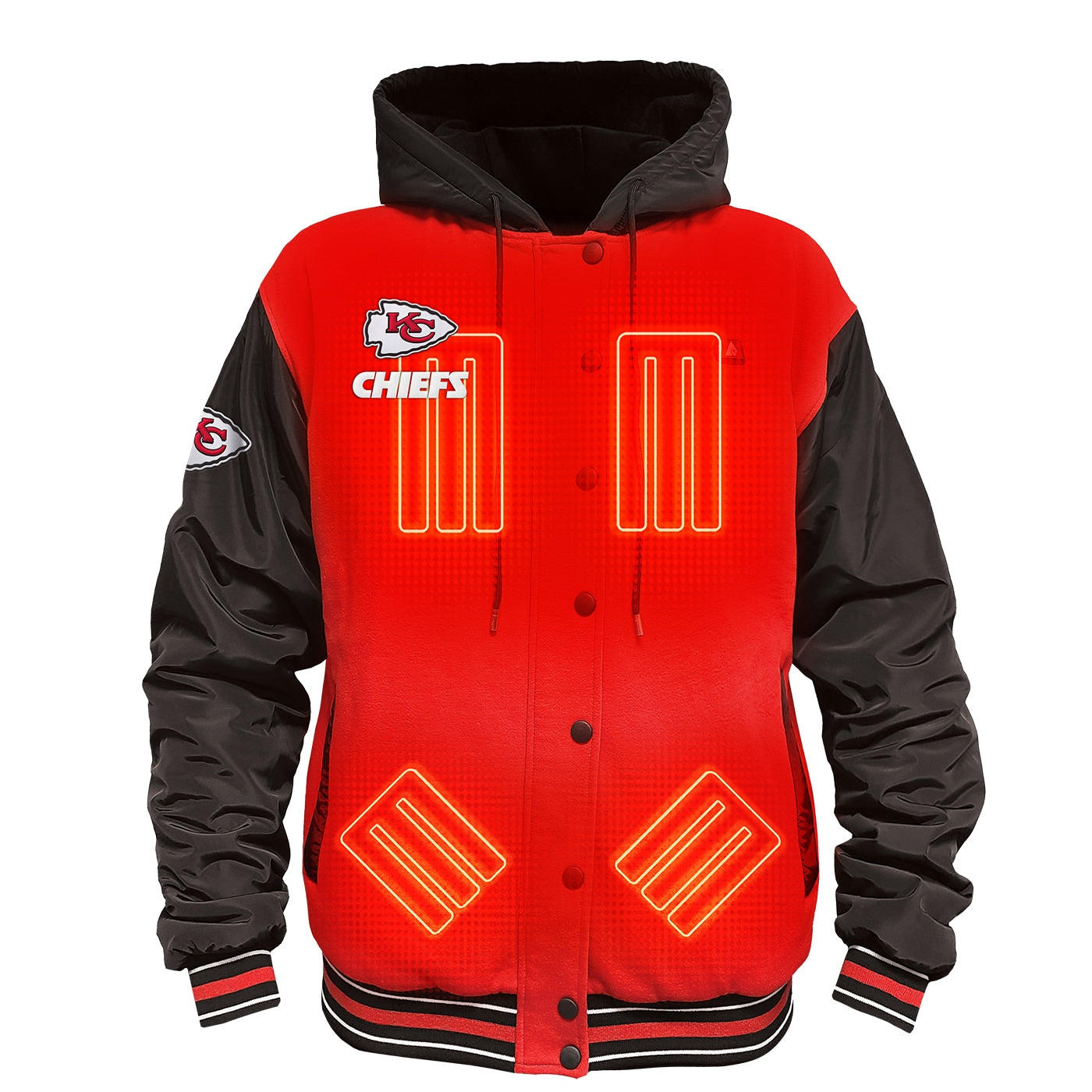 ActionHeat Kansas City Chiefs 5V Heated Varsity Jacket Adult unisex Black/Red Hooded Insulated Heated jacket ( Extra Large )