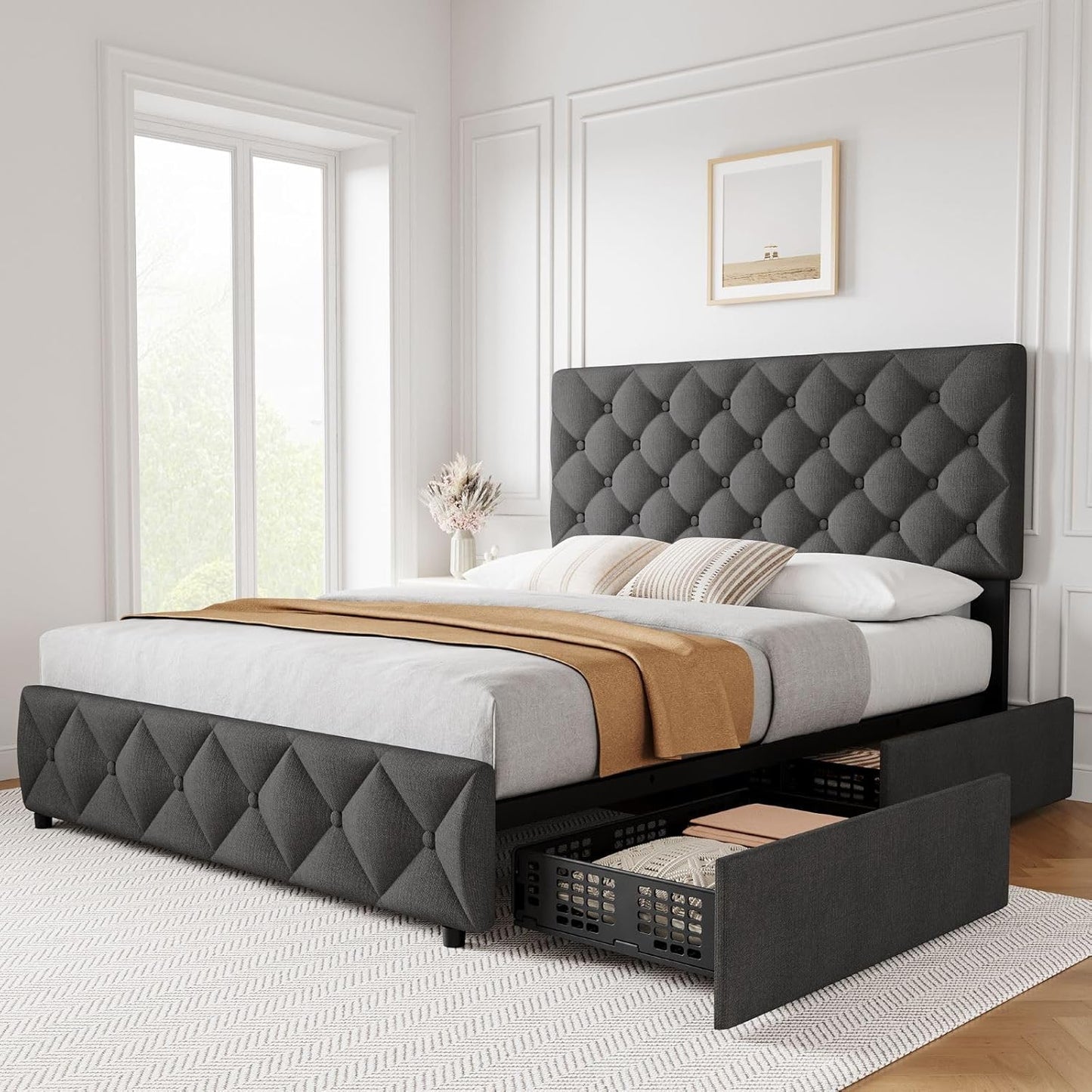 Qeetex Full Size Bed Frame with 4 Storage Drawers and Adjustable Headboard Upholstered Platform Bed Frame with Storage Diamond Stitched Button Tufted No Box Spring Needed Easy Assembly Grey