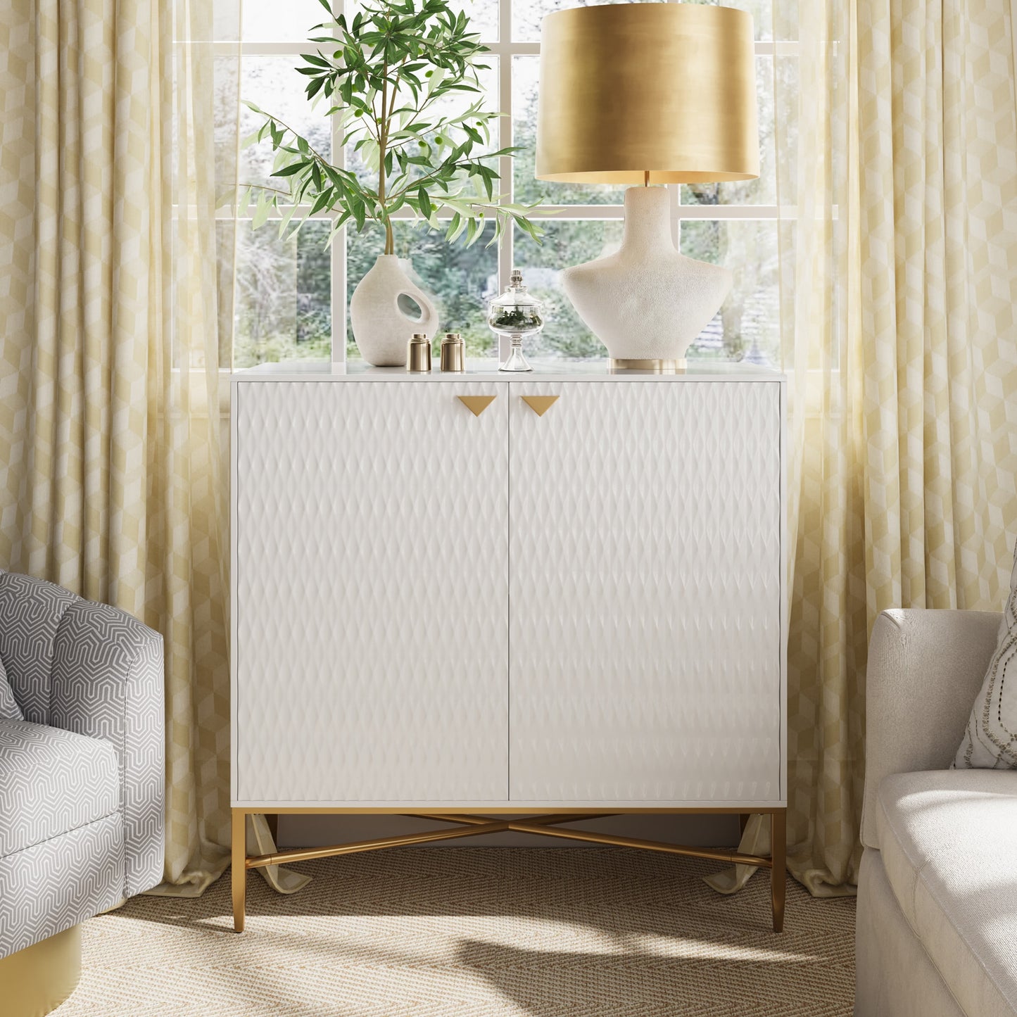 LOVMOR Modern Accent Cabinet with Raised Diamond Pattern Brass Legs and Adjustable Foot Pegs