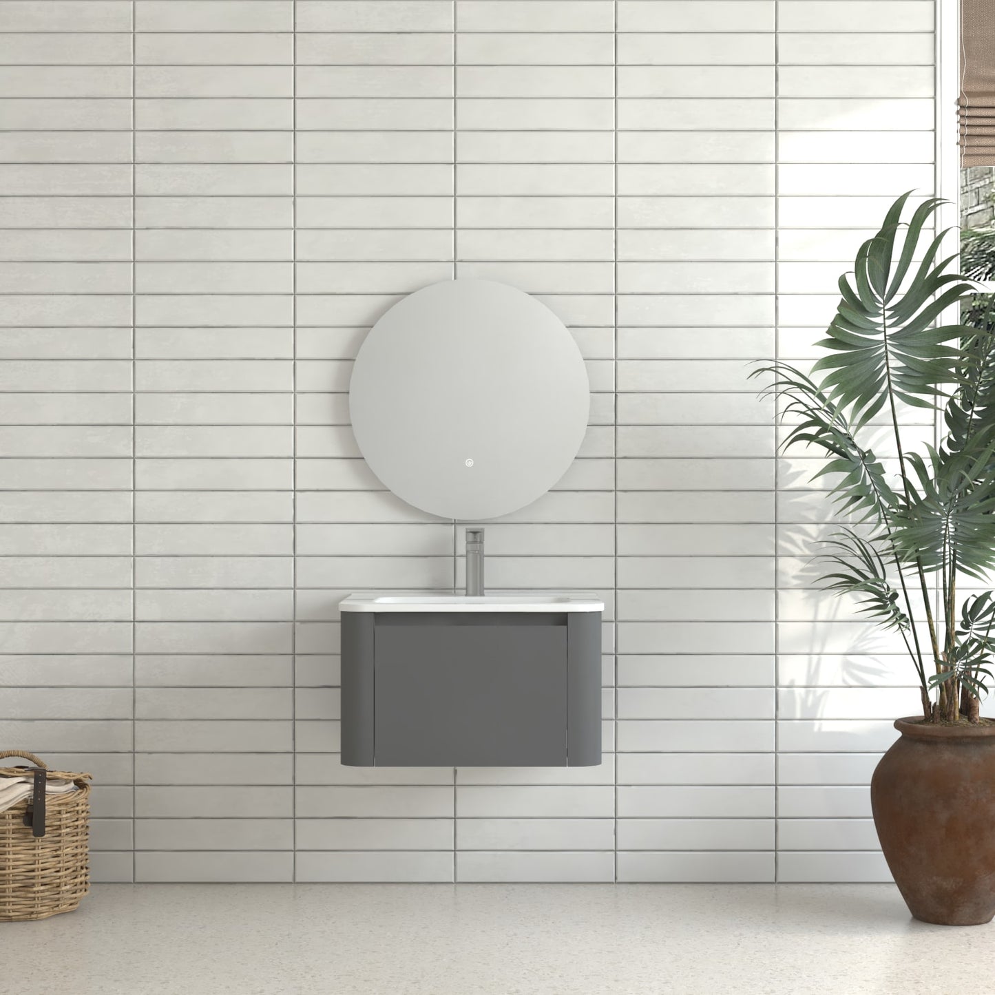 LOVMOR 24 inch Grey Wall Mounted Bathroom Vanity with Basin Floating Vanity Drawer Bathroom Cabinet with White Ceramic Integrated Basin