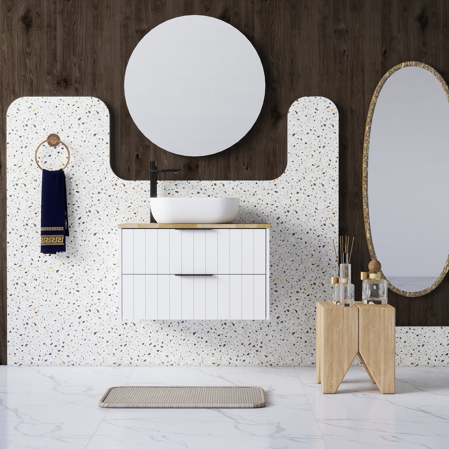Tatayosi 32 Inch Double Drawer Wall Mounted Bathroom Vanity White Cabinet Solid Wood Natural Top Square Art Ceramic Sink White Round Mirror Modern Minimalist Design Combining Functionality and Style