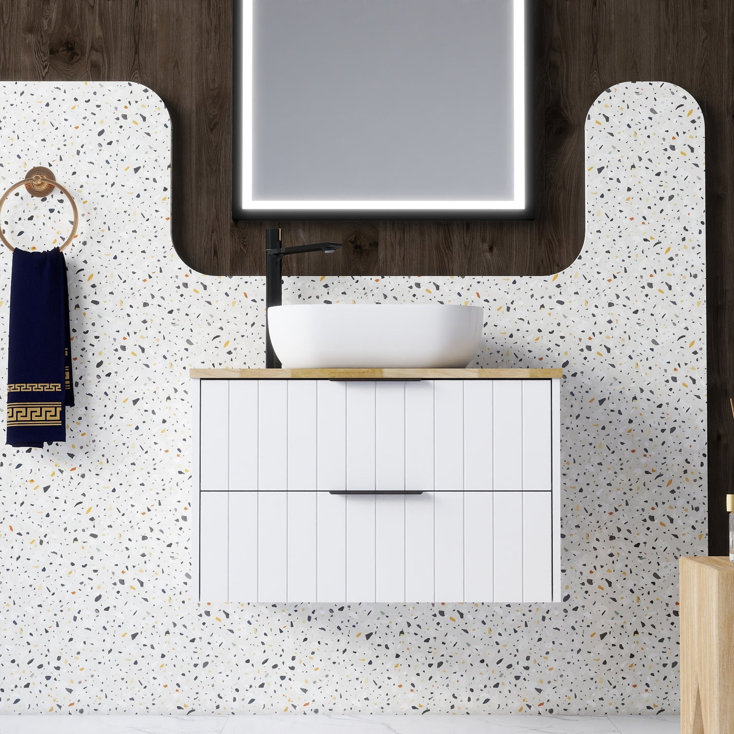 Tatayosi 32 Inch Double Drawer Wall Mounted Bathroom Vanity White Cabinet Solid Wood Natural Top Square Art Ceramic Sink Modern Minimalist Design Combining Functionality and Style