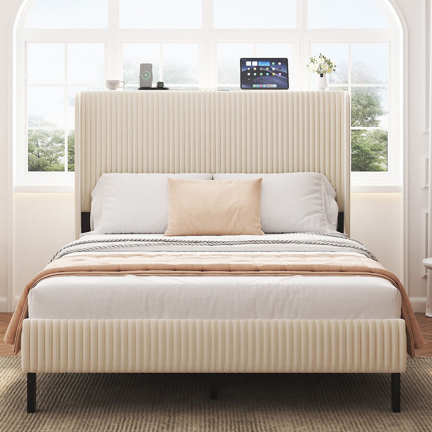 GZMR Full Beige Bed Frame with Headboard