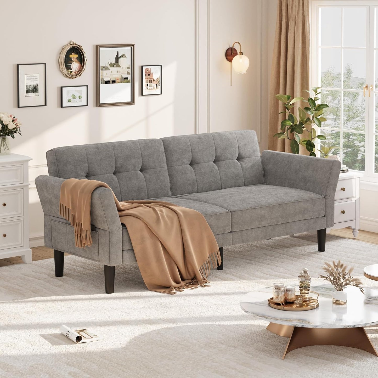 Qeetex 89 Inch Convertible Sofa Bed Modern Chenille Futon Sleeper Sofa with Adjustable Backrest and Armrest Deep Seat Loveseat Grey
