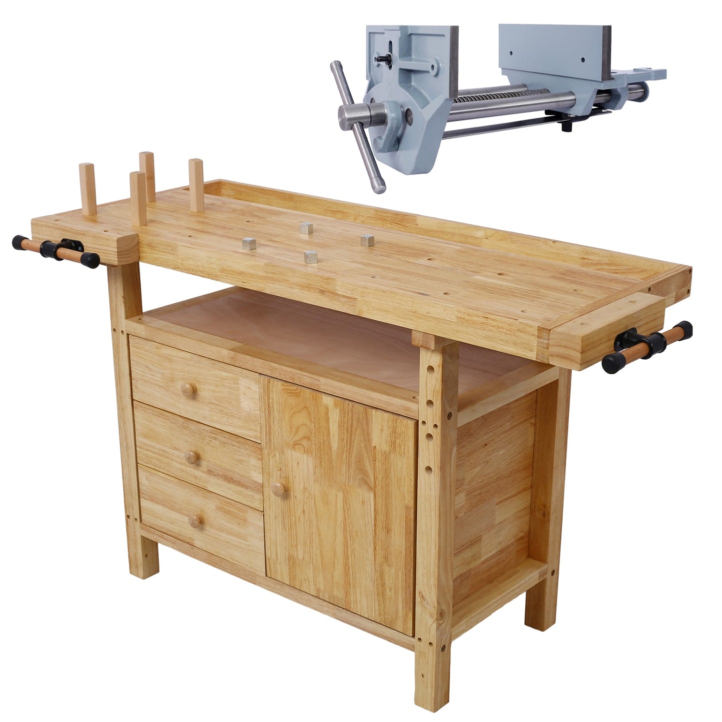 Tatayosi Wood Workbench - Wooden Workbench for Garage Workshop and Home with Rapid Action Woodworking Vise 9 Inch Jaw Width Made with Heavy-Duty Cast Iron GRAY