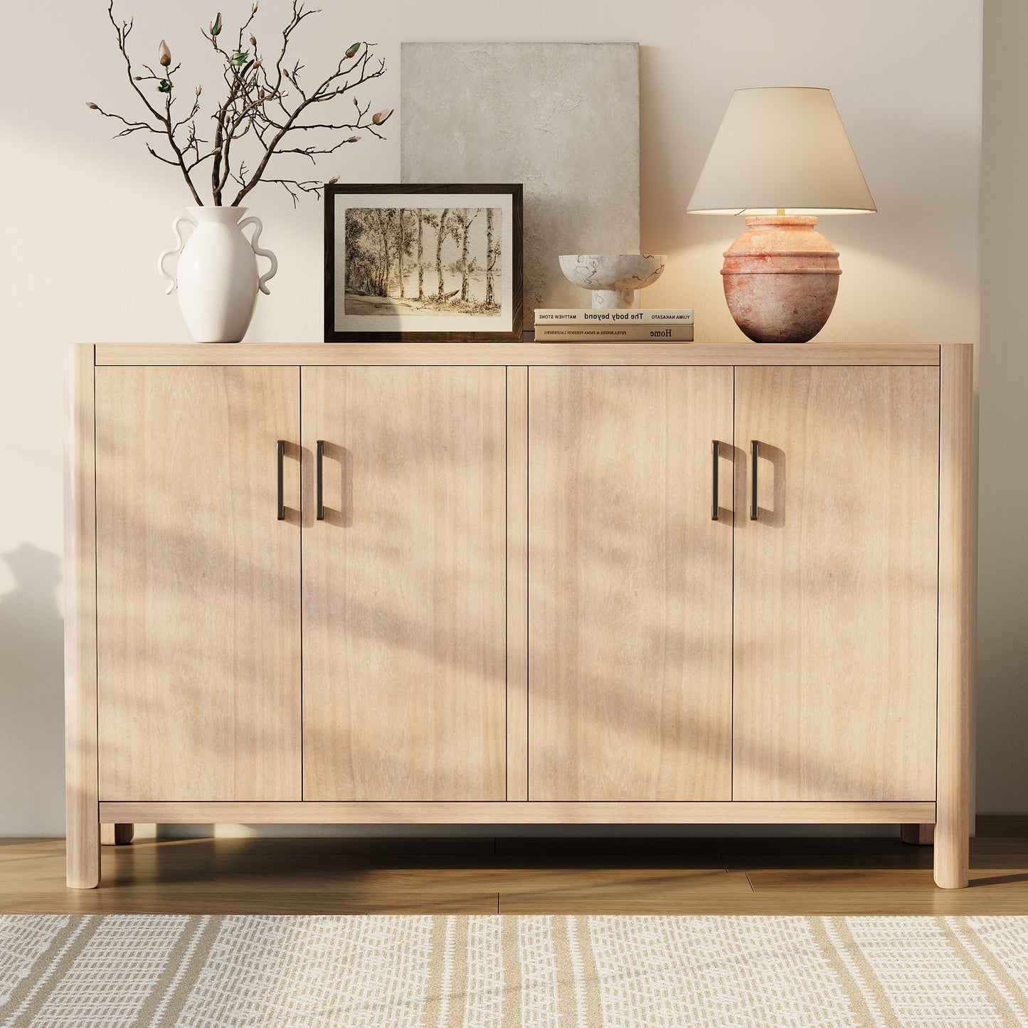 Tatayosi Mirod Farmhouse 4-Door Cabinet with Soft-Close Hinges and Solid Pine Legs